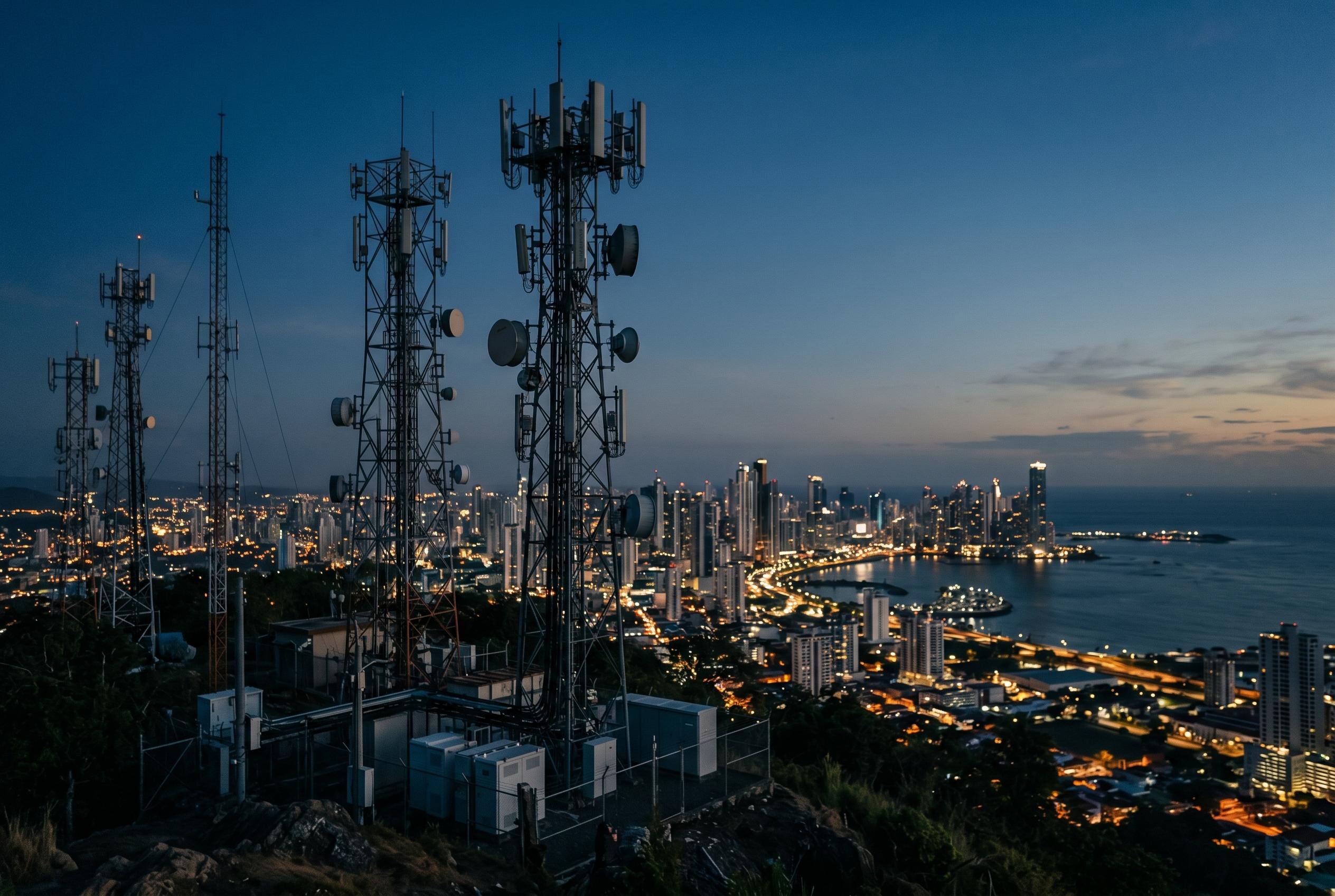 Torres de telecomunicaciones sobre el perfil de la Ciudad de Panama