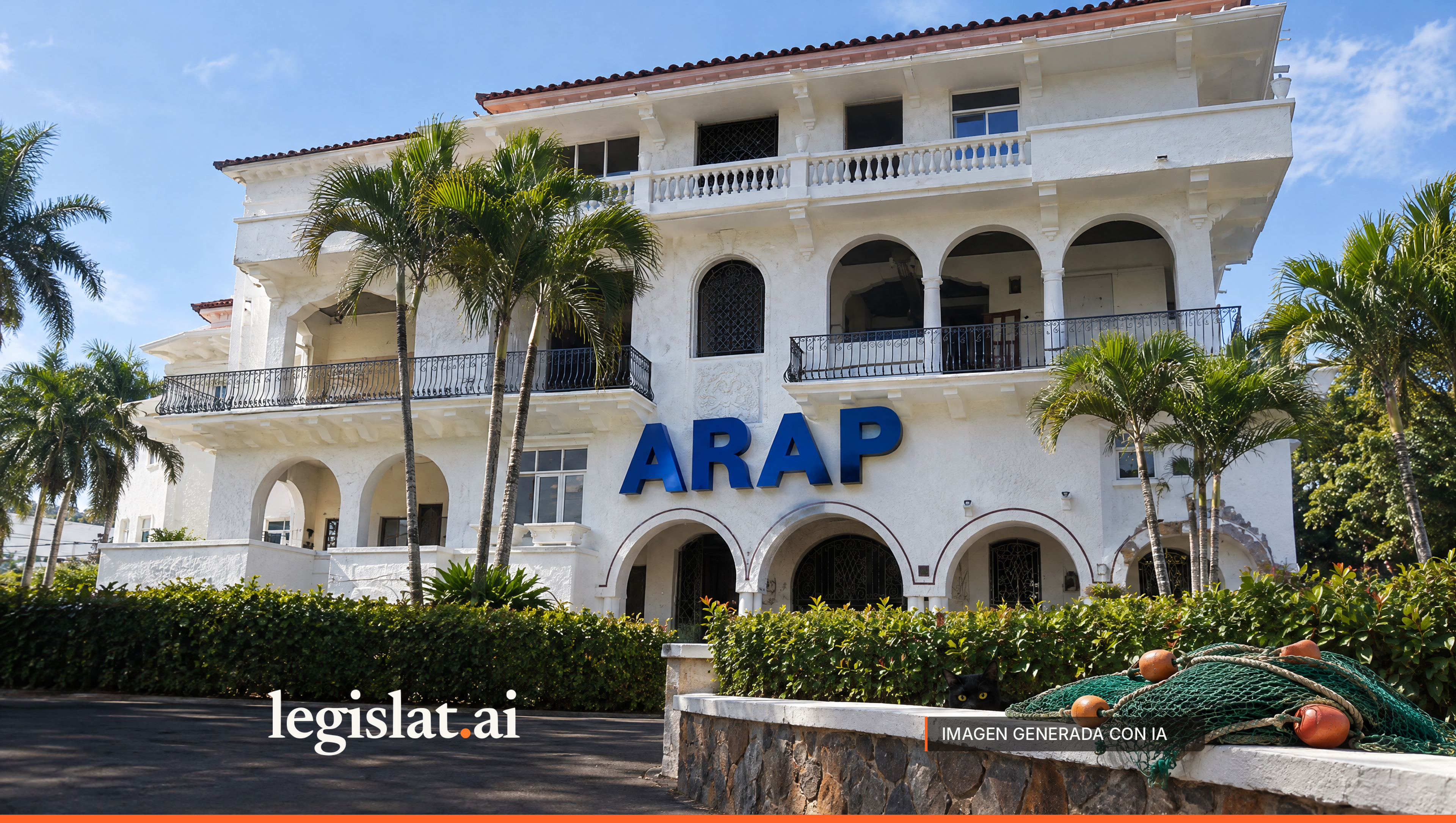 Fachada blanca de estilo colonial de la sede de la ARAP, con grandes letras azules ARAP sobre la entrada y una red de pesca con boyas sobre un muro.