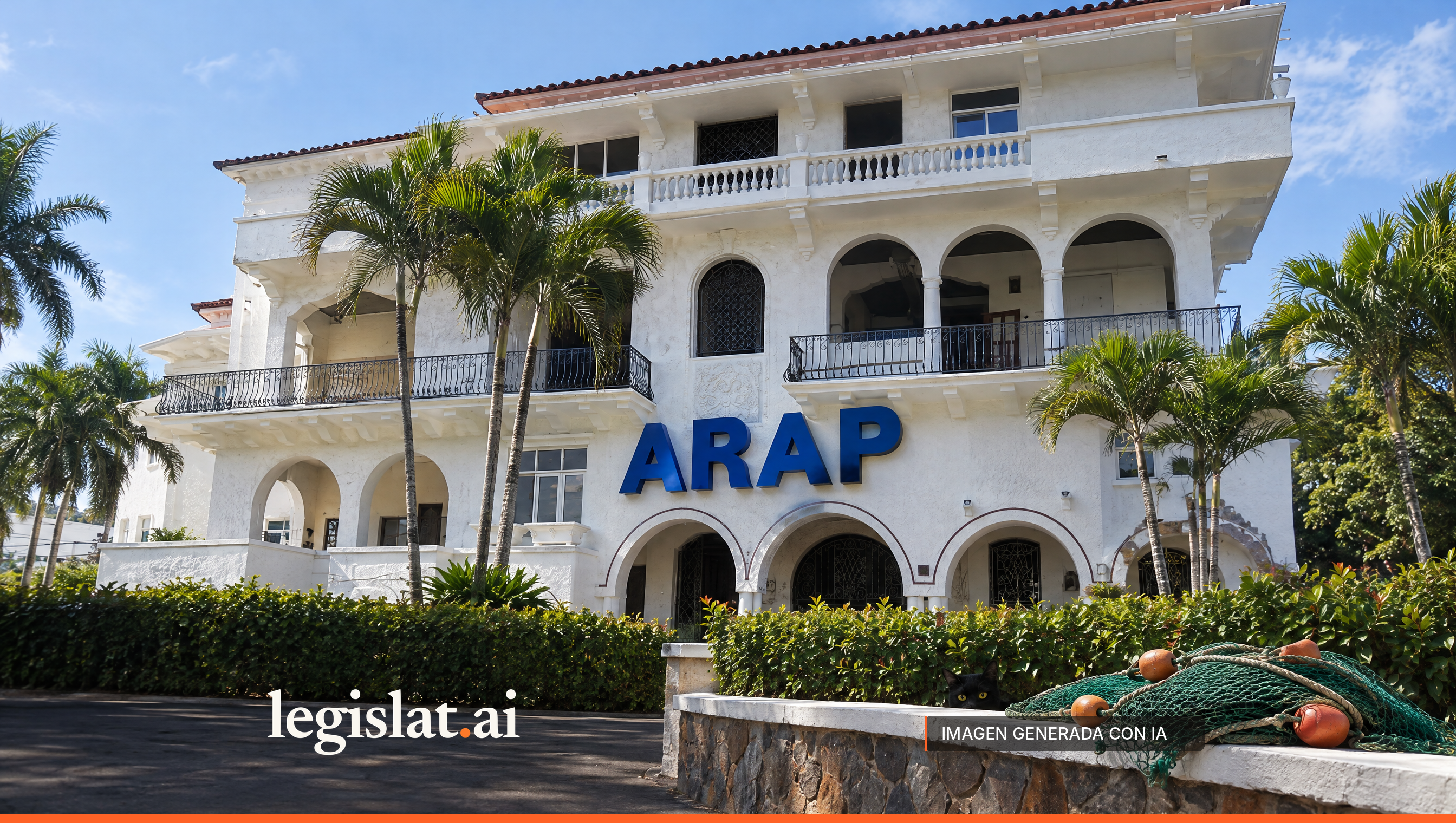 Fachada blanca de estilo colonial de la sede de la ARAP, con grandes letras azules ARAP sobre la entrada y una red de pesca con boyas sobre un muro.