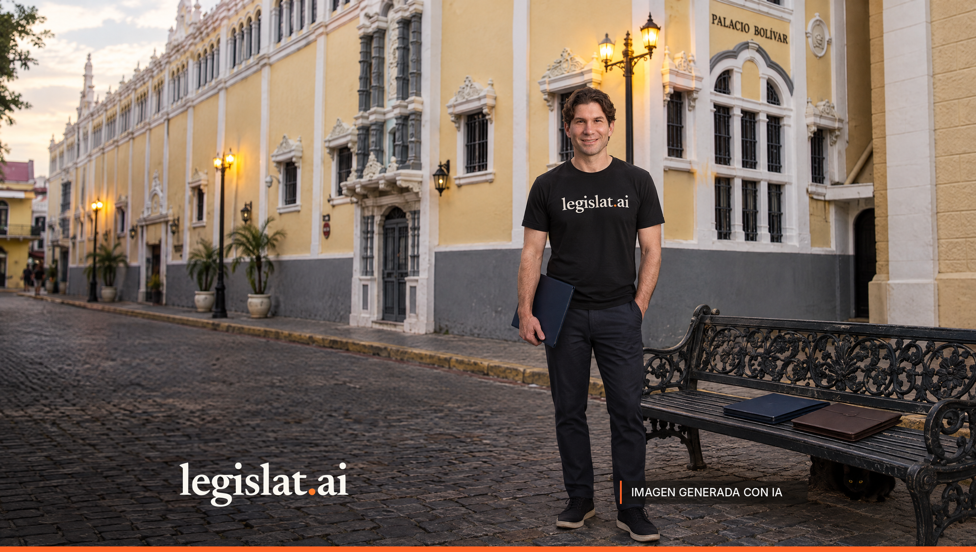 Una persona con camiseta negra de Legislat junto a un banco con carpetas frente al Palacio Bolívar, sede del Ministerio de Relaciones Exteriores.