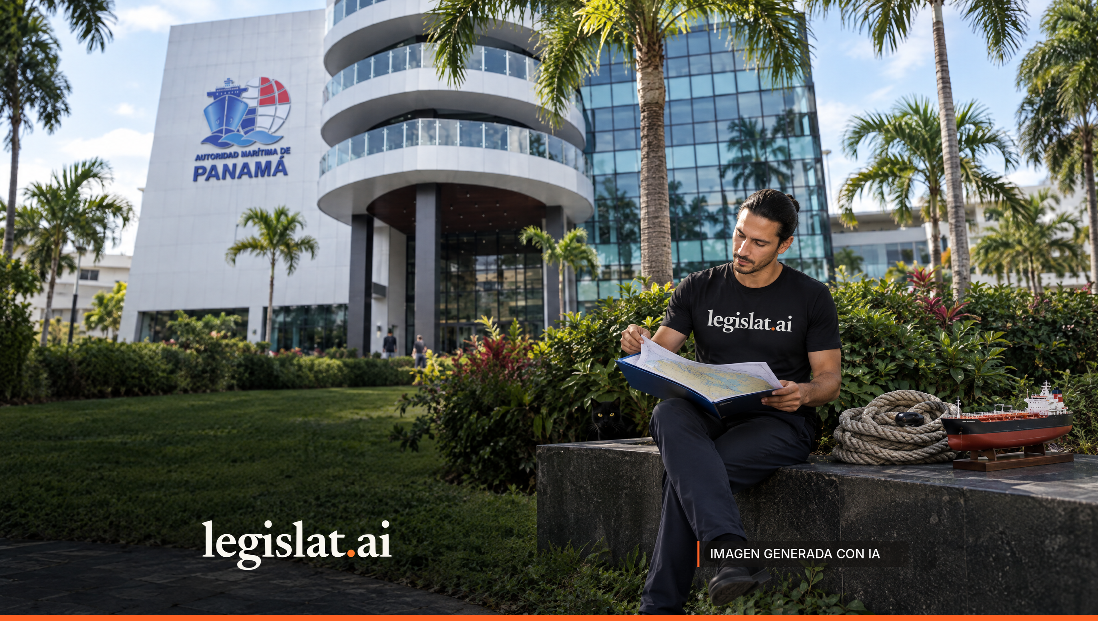 A person in a black Legislat T-shirt reviews nautical charts in front of the Panama Maritime Authority headquarters.