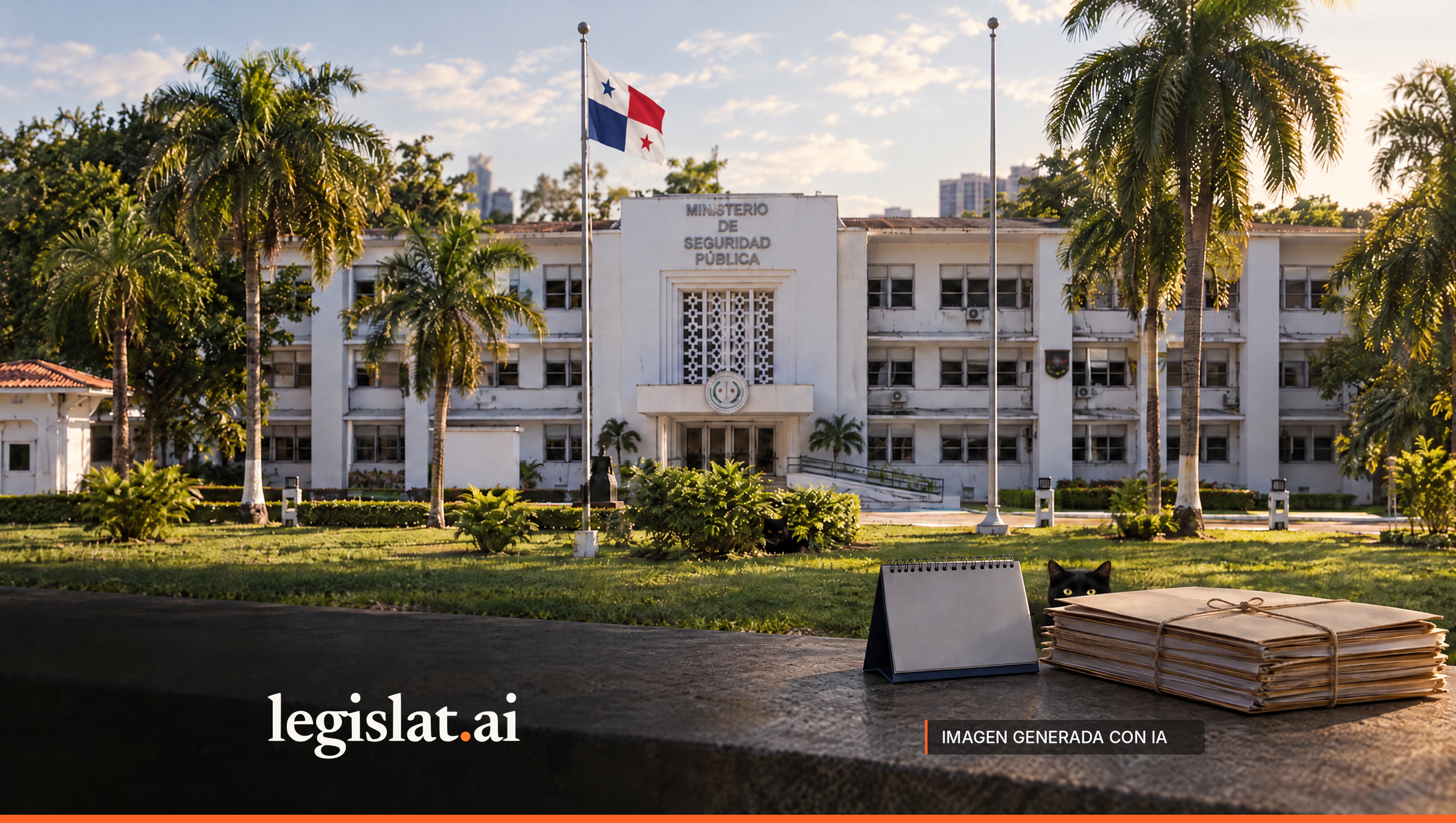 Calendario de escritorio y carpetas de planilla sobre un muro frente a la sede del Ministerio de Seguridad Pública.