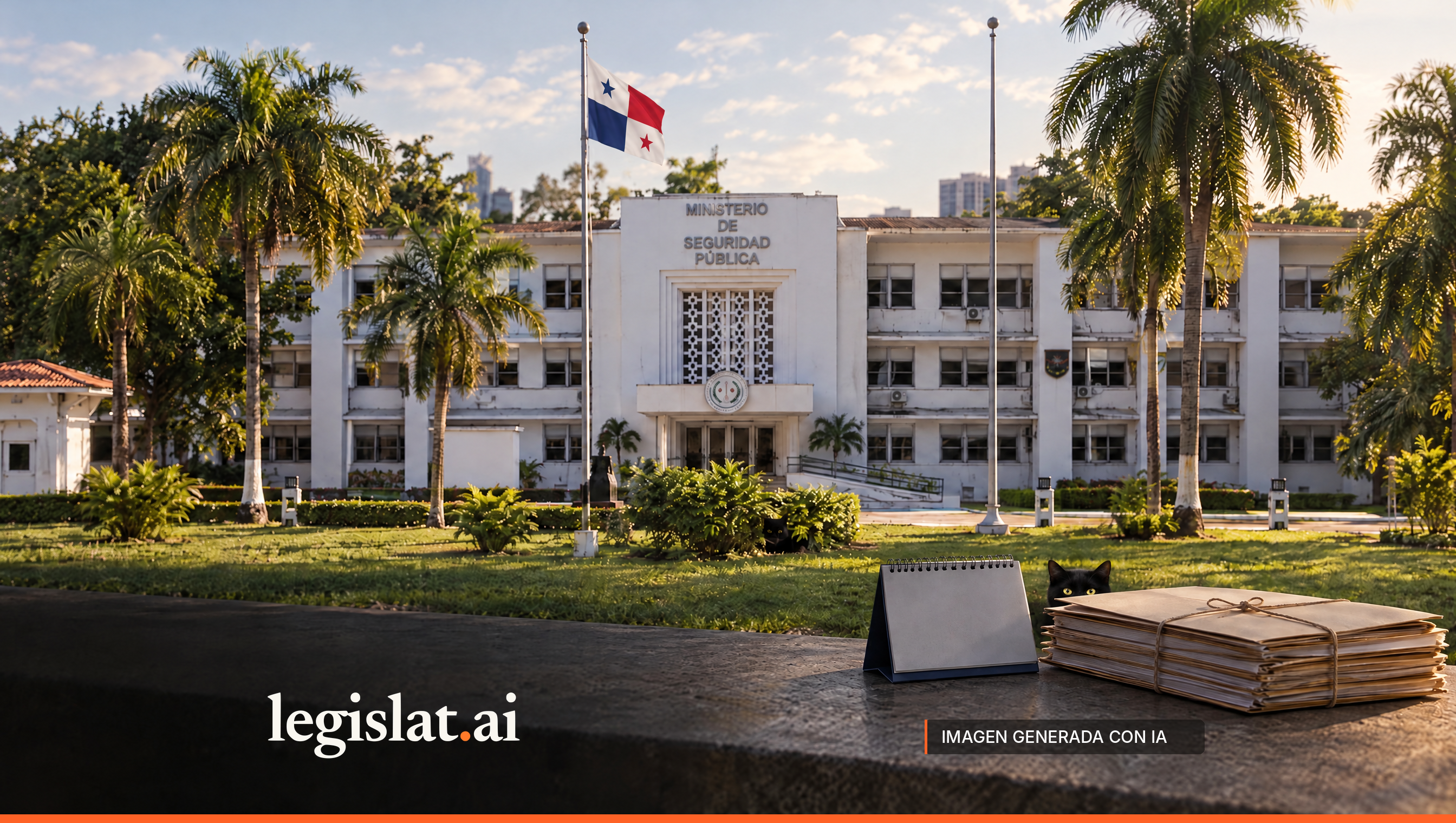Calendario de escritorio y carpetas de planilla sobre un muro frente a la sede del Ministerio de Seguridad Pública.