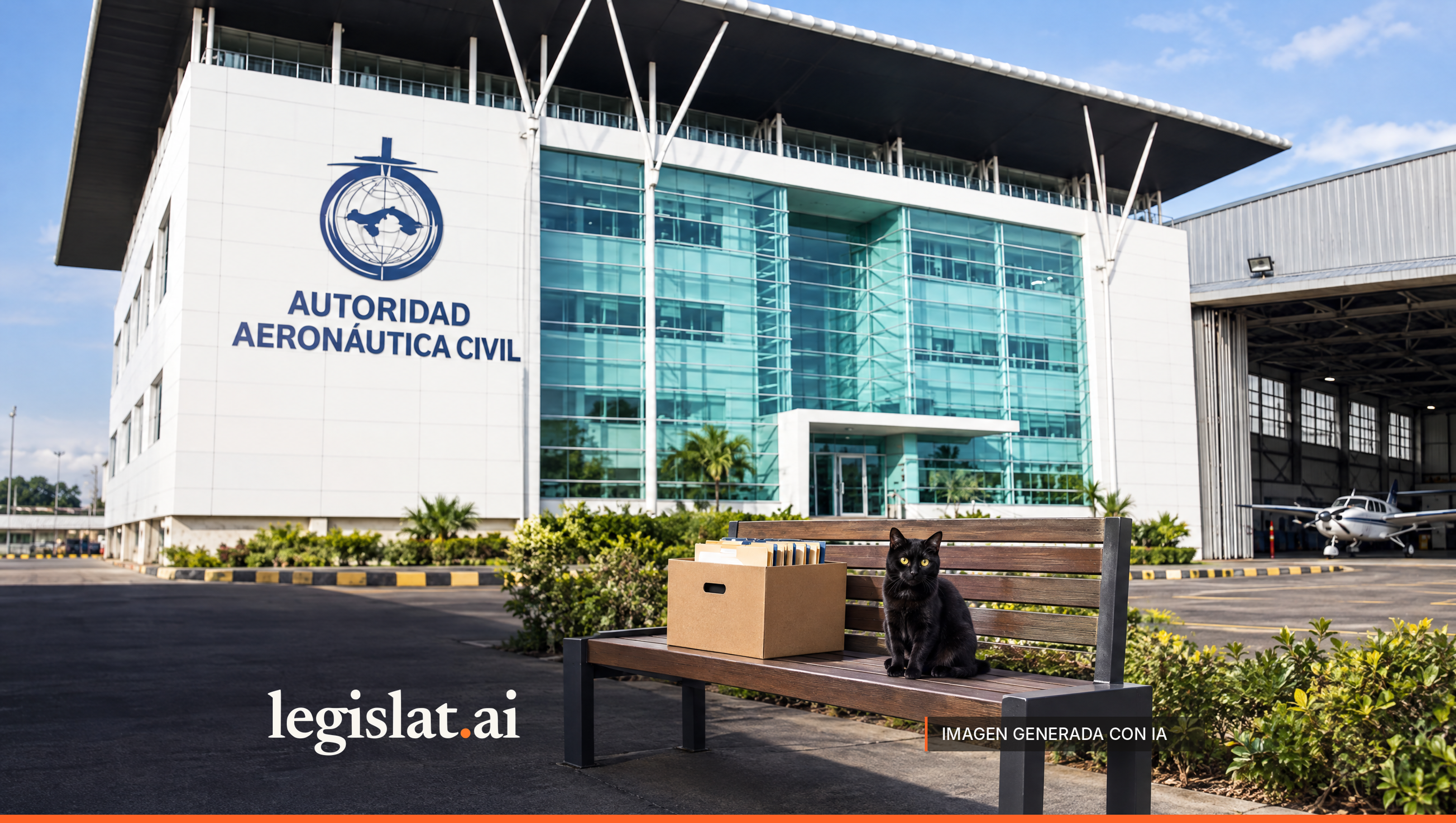 Glass headquarters of the Civil Aviation Authority with its emblem and name shown large; in the foreground, a bench with an archive box and a black cat.