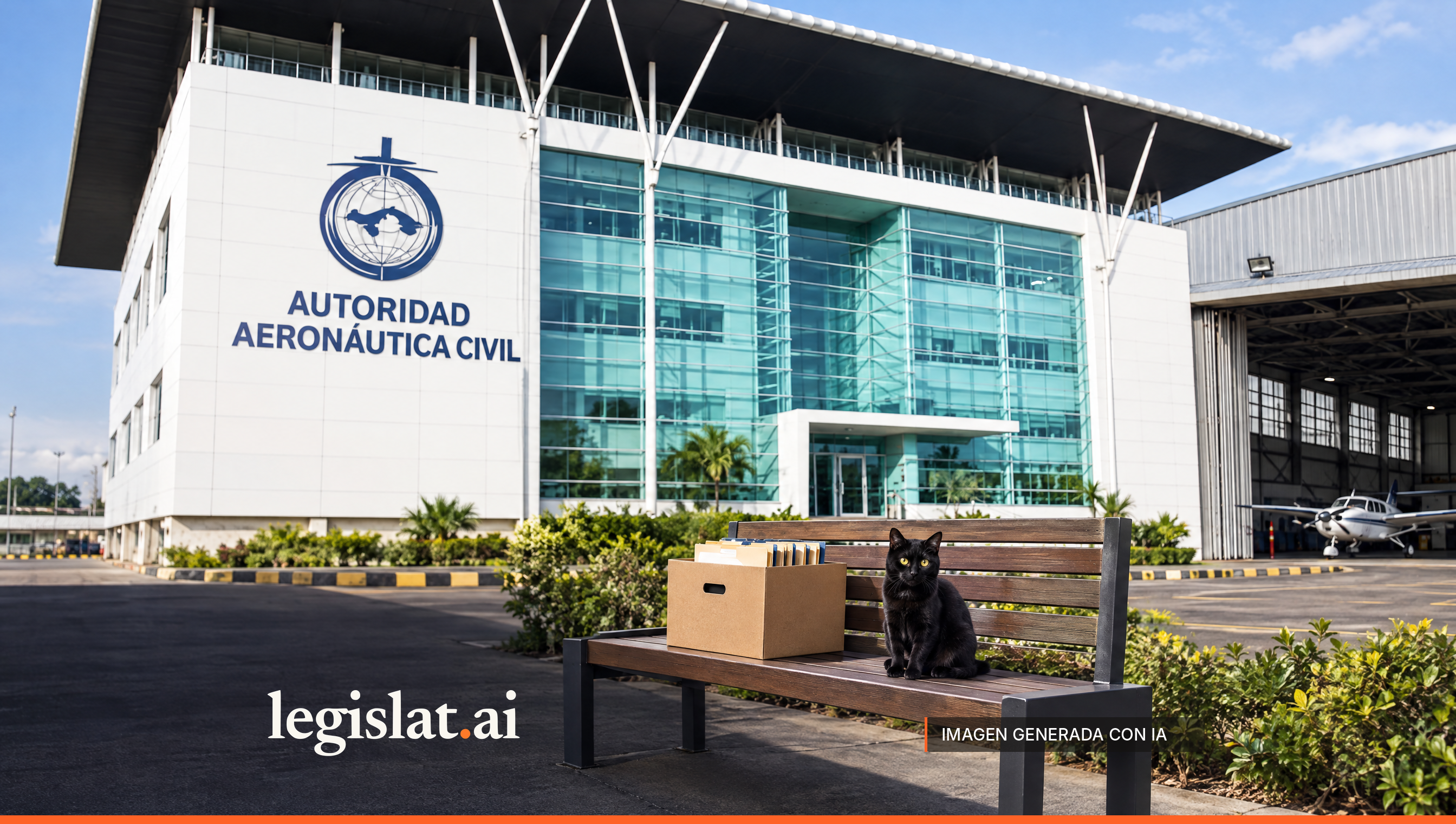Glass headquarters of the Civil Aviation Authority with its emblem and name shown large; in the foreground, a bench with an archive box and a black cat.