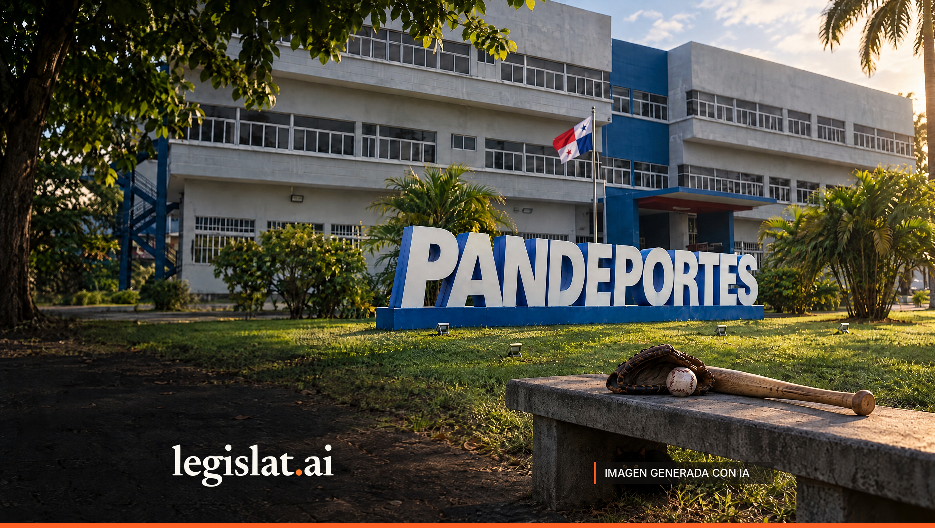 Guante, pelota y bate de béisbol sobre una banca frente a la sede del Instituto Panameño de Deportes.