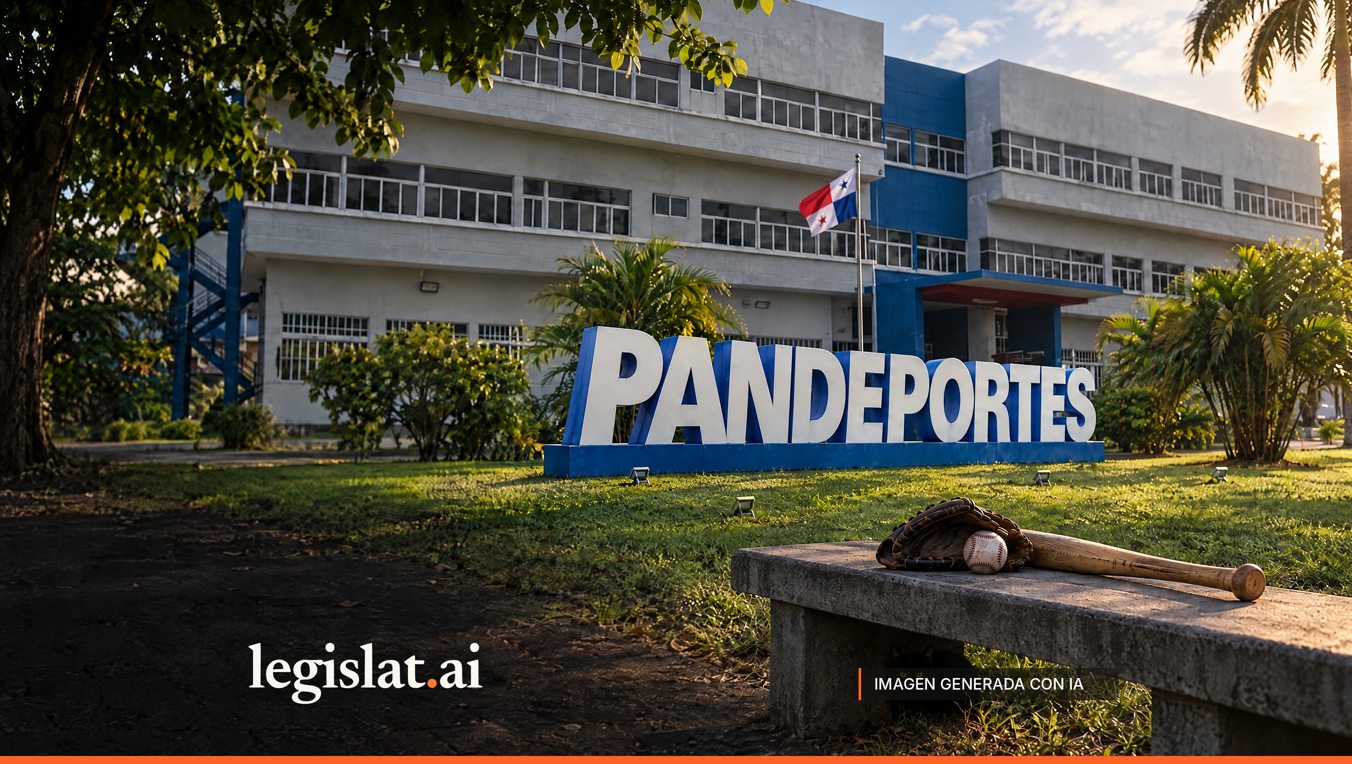 Guante, pelota y bate de béisbol sobre una banca frente a la sede del Instituto Panameño de Deportes.