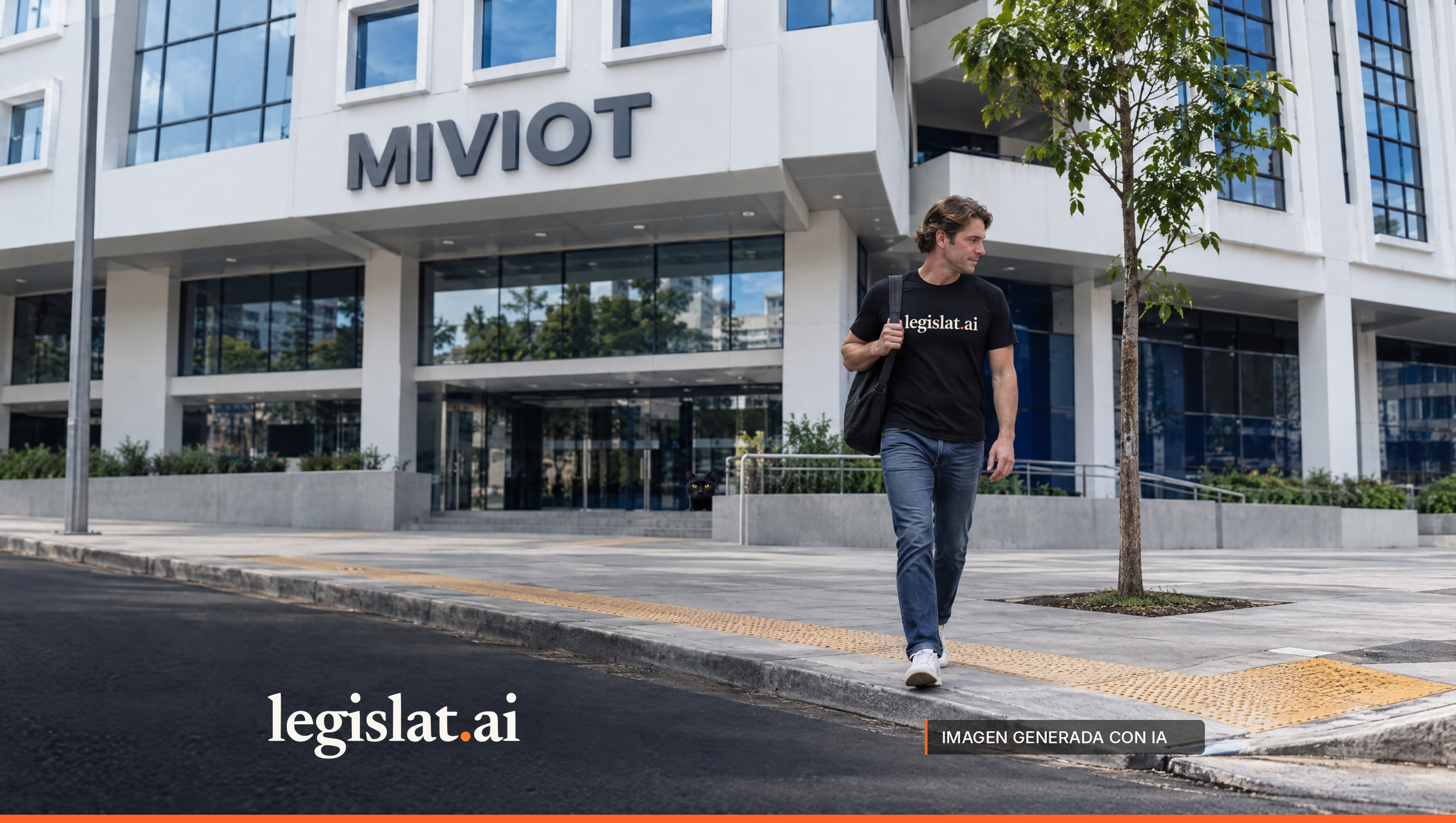 A person in a black Legislat T-shirt walks along a new sidewalk with tactile paving in front of the MIVIOT headquarters; a black cat sits by the entrance.