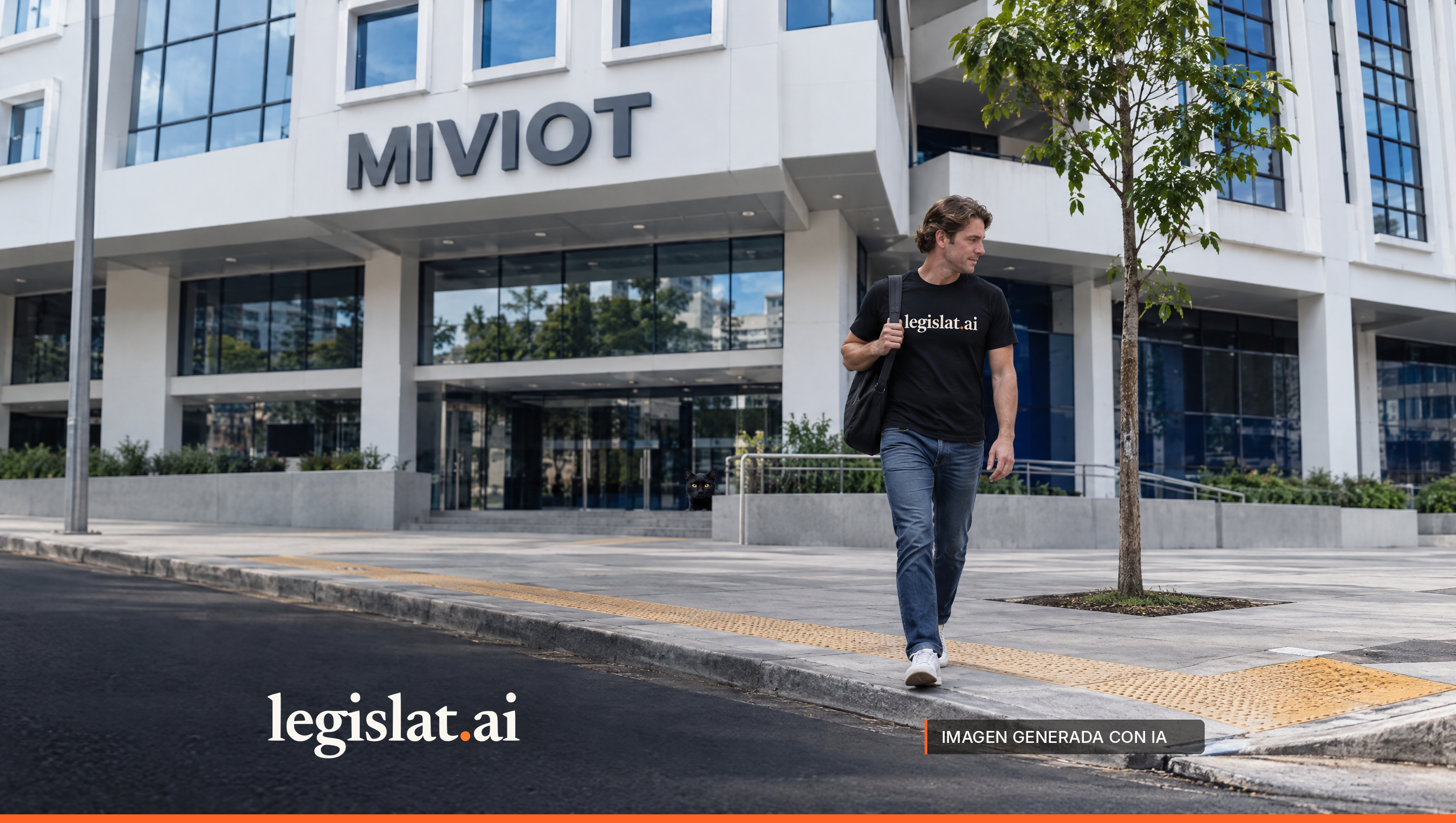 Una persona con camiseta negra de Legislat camina por una acera nueva con franja podotáctil frente a la sede del MIVIOT; un gato negro junto a la entrada.