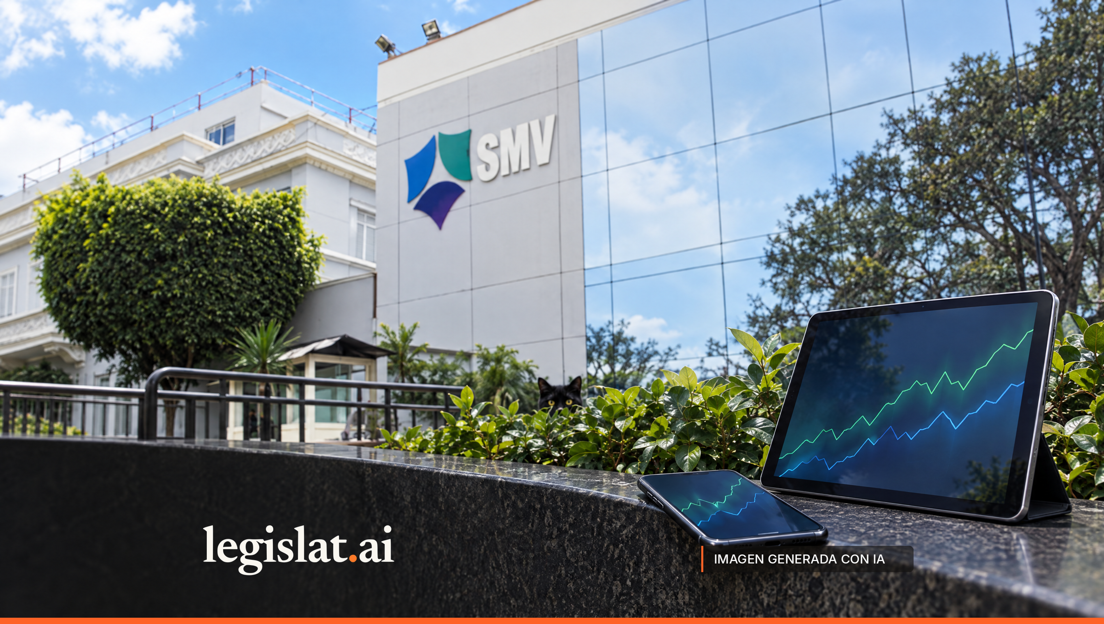 Securities Market Superintendency headquarters with its large logo on the facade; in the foreground, a smartphone and a tablet with abstract charts on a dark ledge and a black cat among the shrubs.