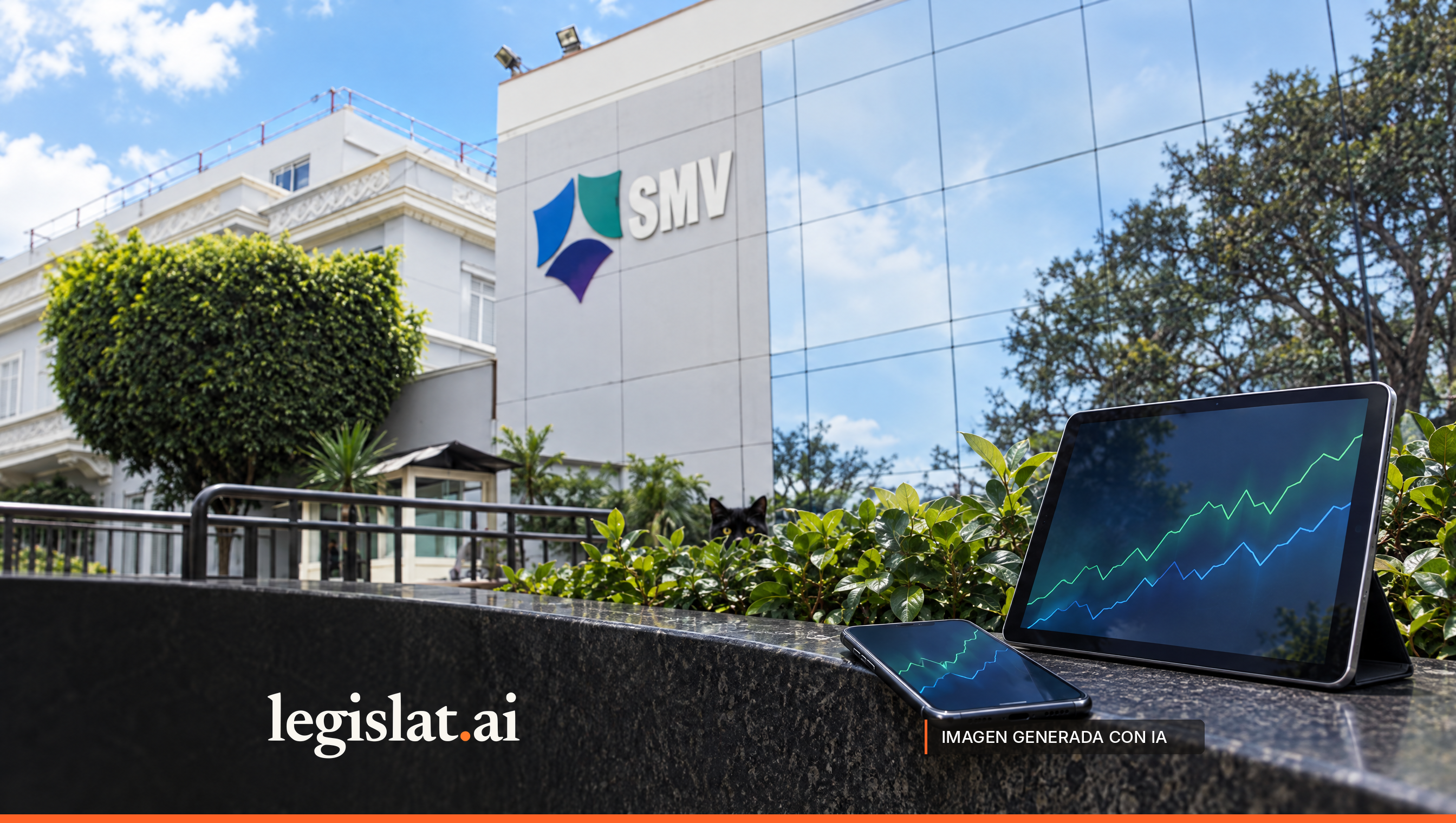 Securities Market Superintendency headquarters with its large logo on the facade; in the foreground, a smartphone and a tablet with abstract charts on a dark ledge and a black cat among the shrubs.