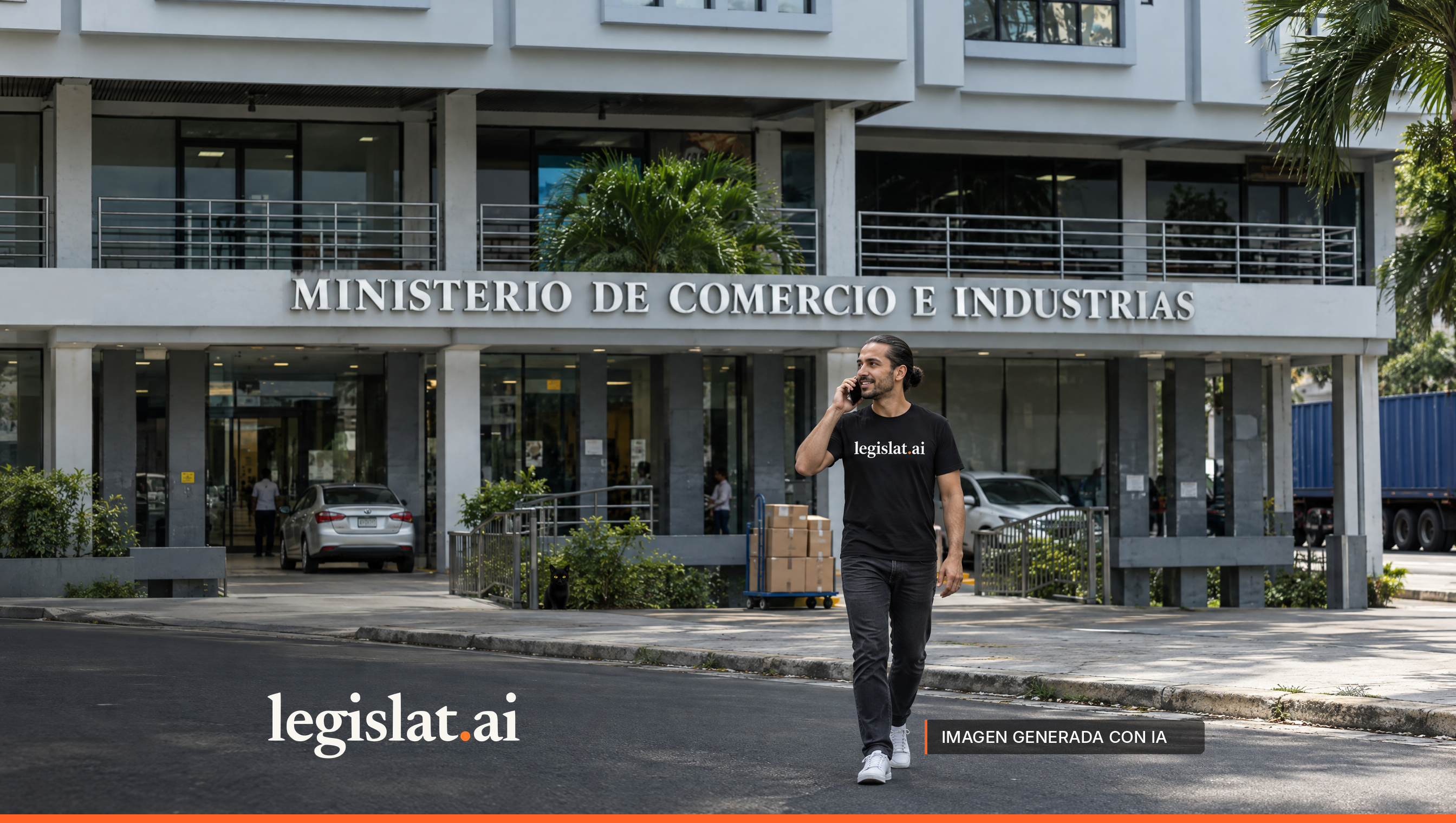 A person in a black Legislat T-shirt walks while talking on the phone in front of the Ministry of Commerce and Industries; boxes on a hand truck and a black cat behind a railing.
