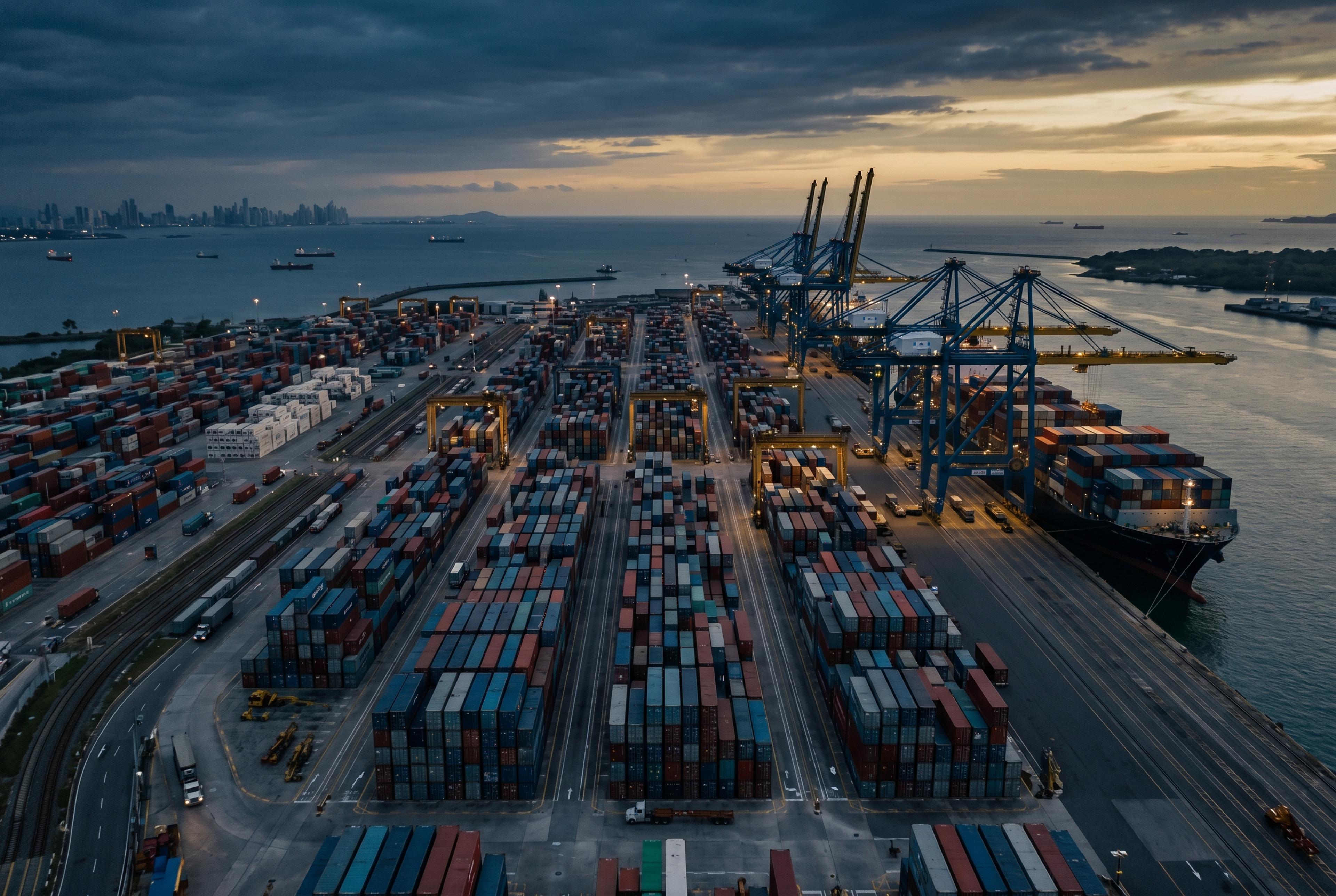 Gruas y contenedores en un puerto de carga al atardecer