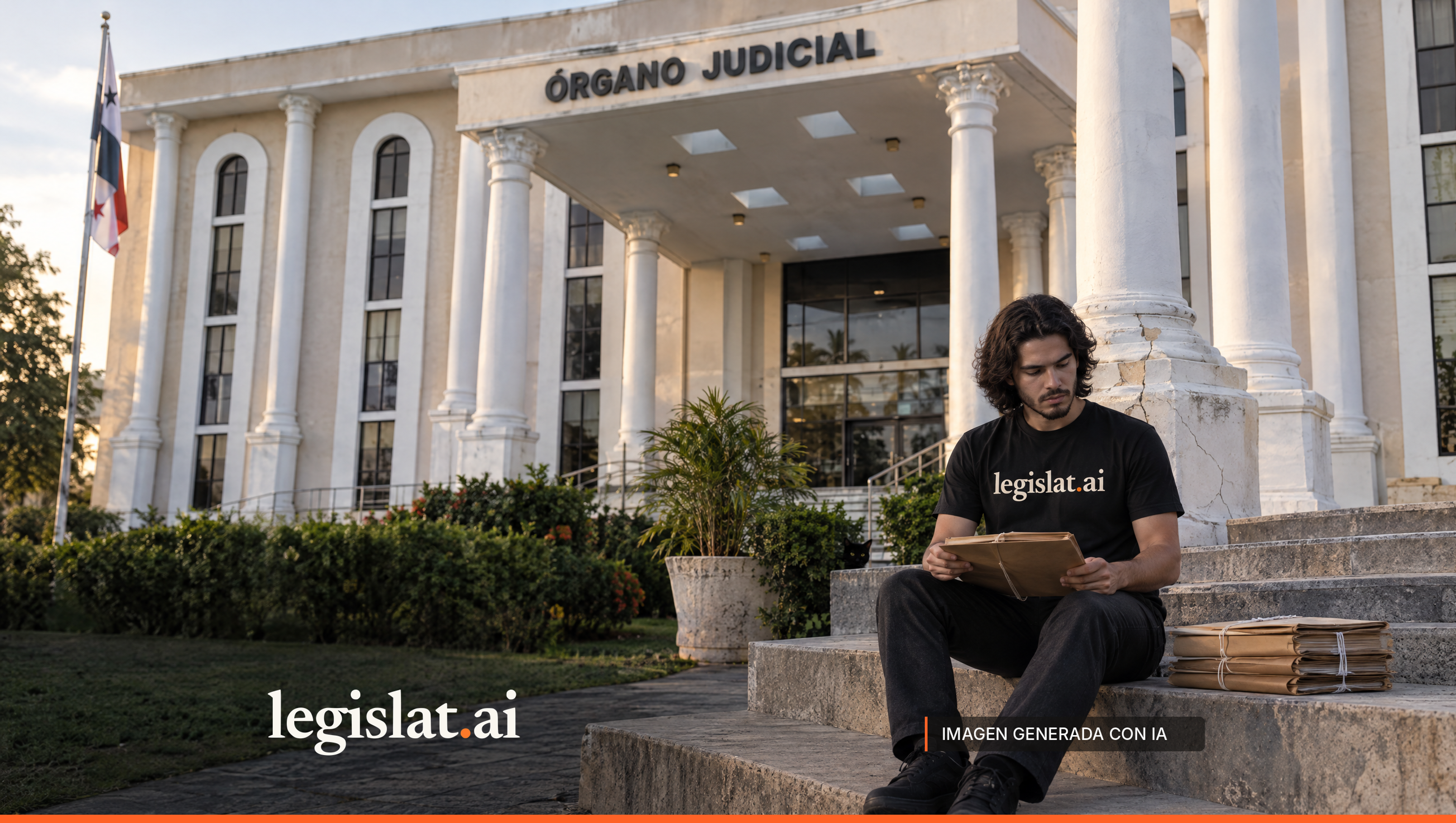 Una persona con camiseta negra de Legislat revisa un expediente en las escaleras de una sede del Órgano Judicial.