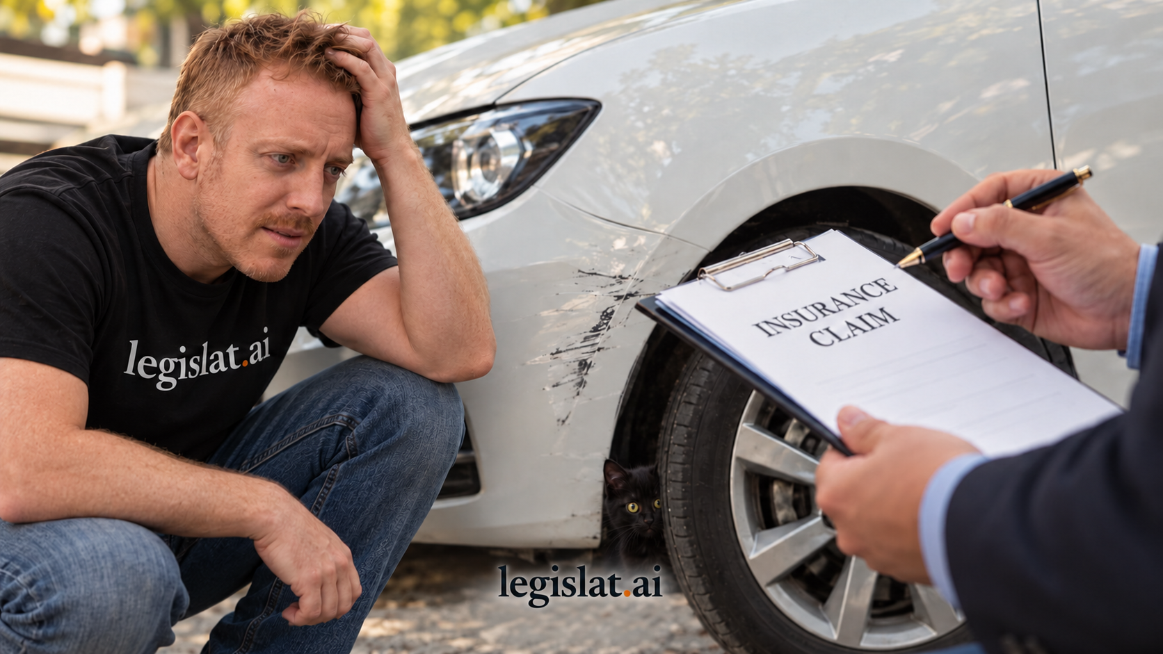 AI-generated editorial illustration. Vittorio beside a damaged car in an illustrative insurance claim scene.