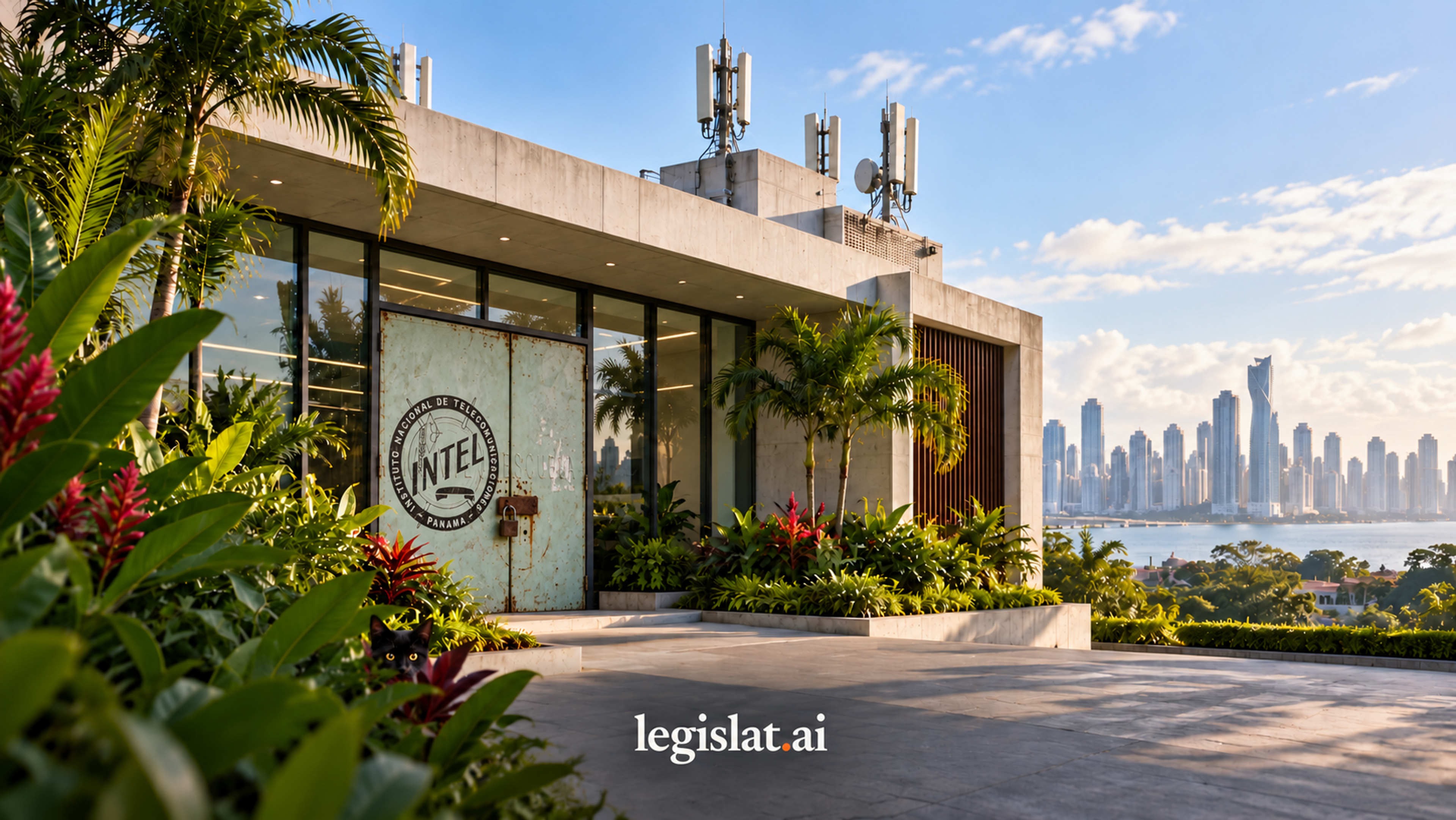 AI-generated editorial illustration: a retro INTEL Panama doorway and sign as a historical visual reference. It does not depict the ITU office.