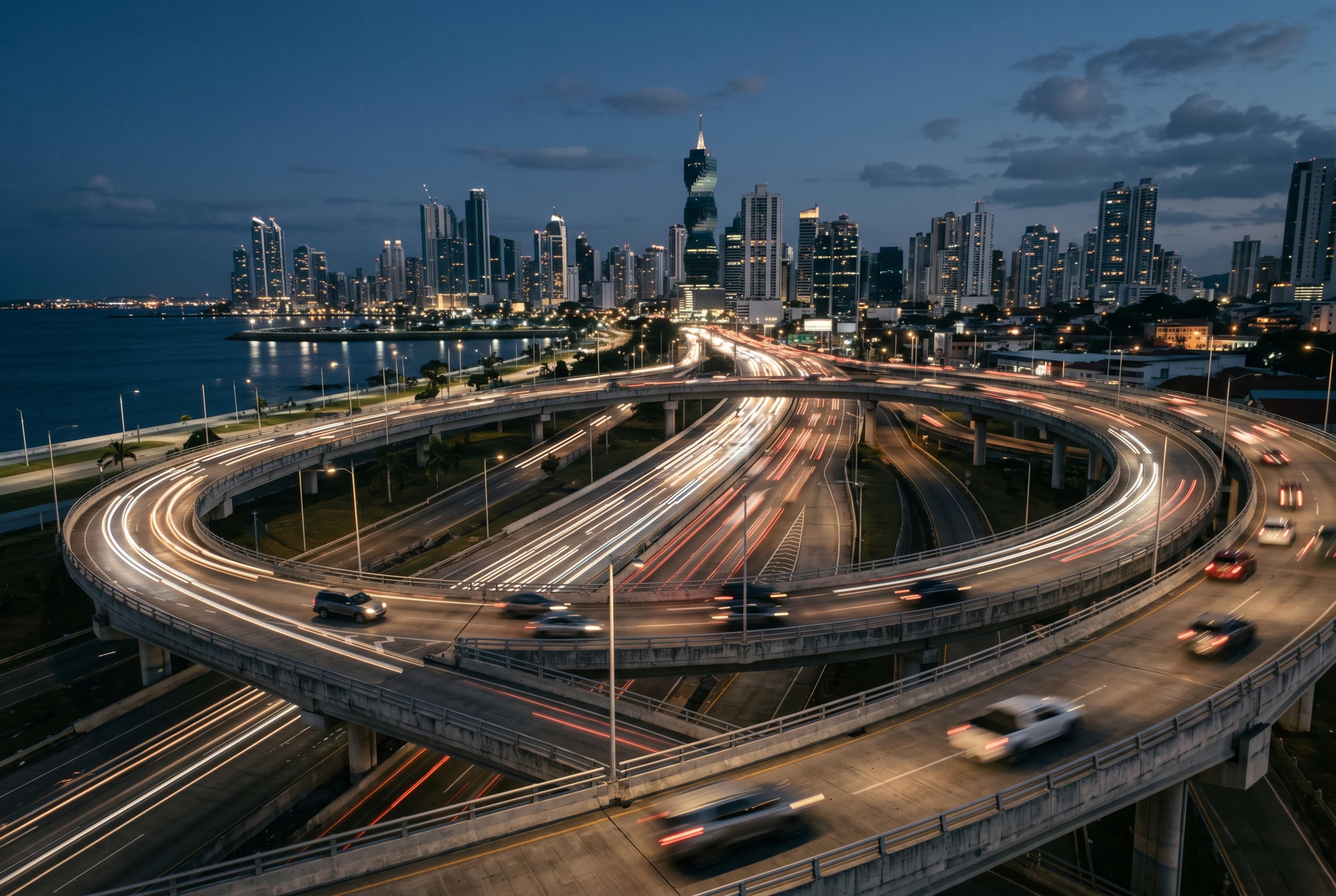 Autopista urbana en Ciudad de Panamá (imagen ilustrativa, generada por IA).