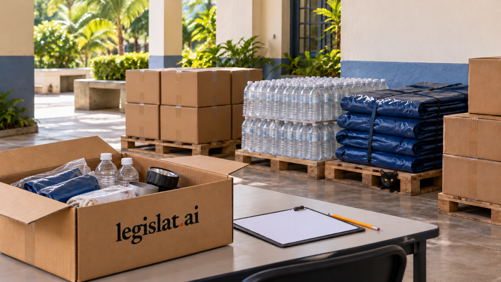 Imagen ilustrativa generada con IA de cajas de suministros, agua embotellada y lonas en un espacio de recepción municipal, sin personas.