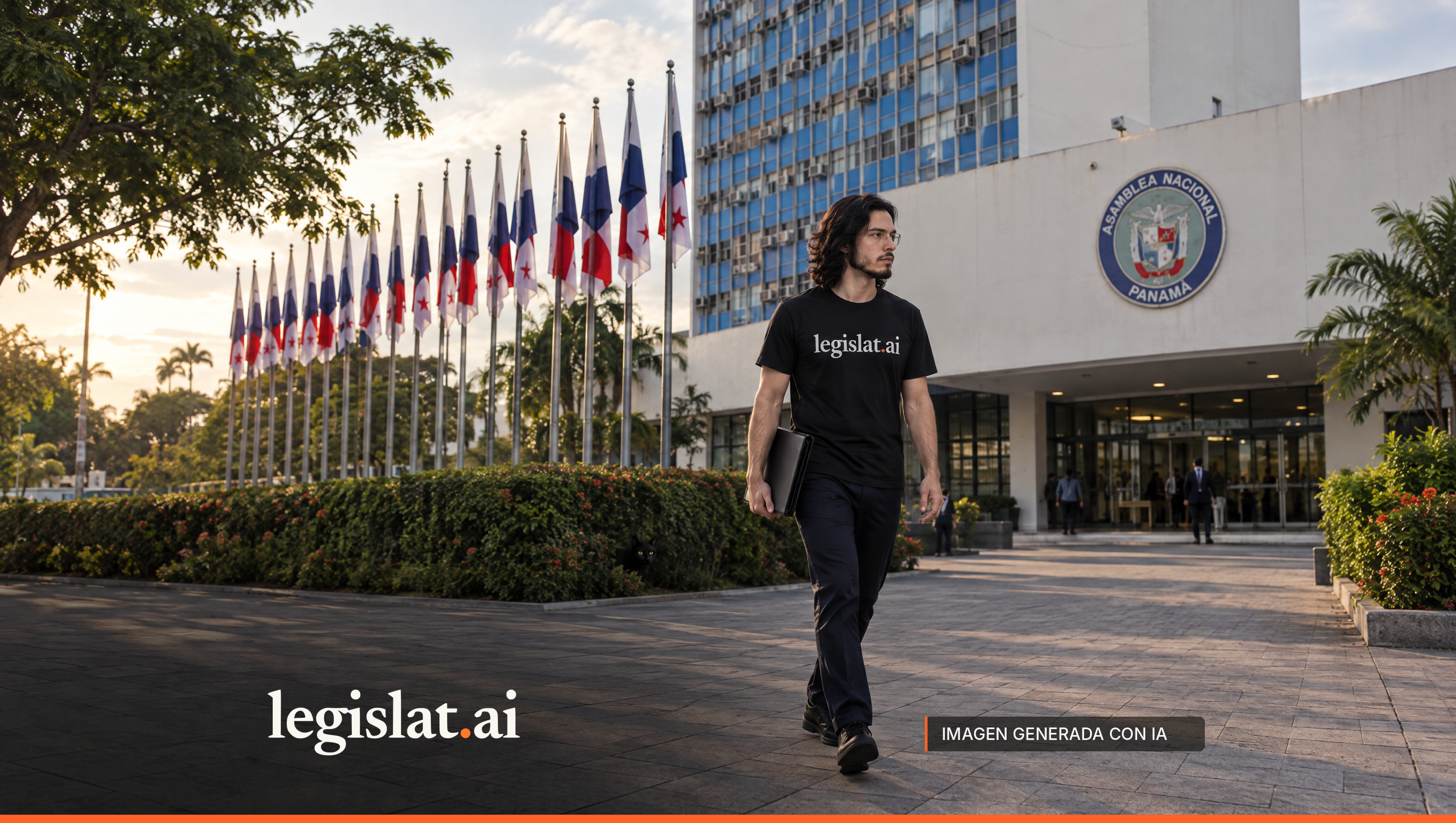 Una persona con camiseta negra de Legislat camina con una carpeta por la plaza hacia la sede de la Asamblea Nacional.