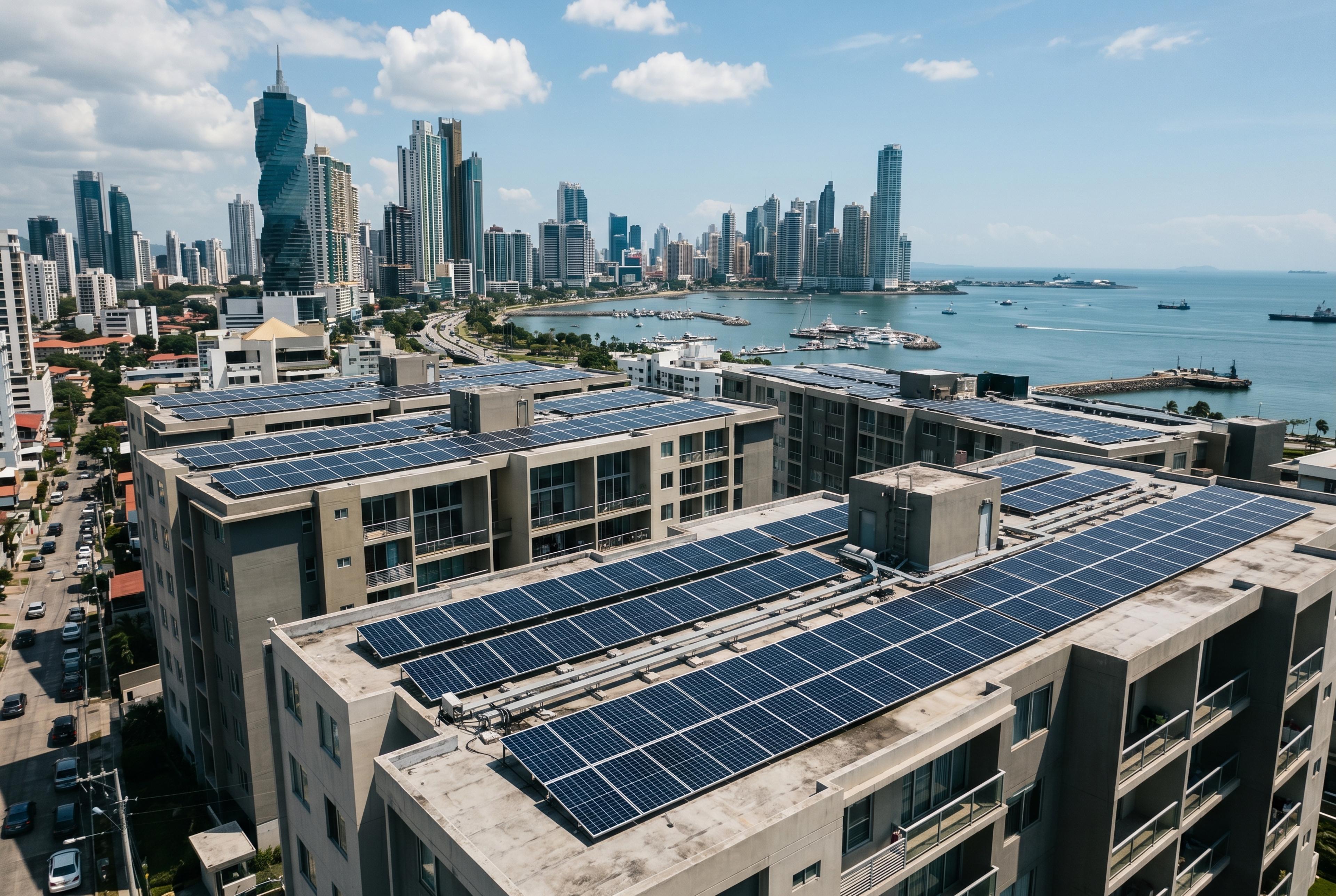 Paneles solares sobre edificios en Panamá (imagen ilustrativa, generada por IA).