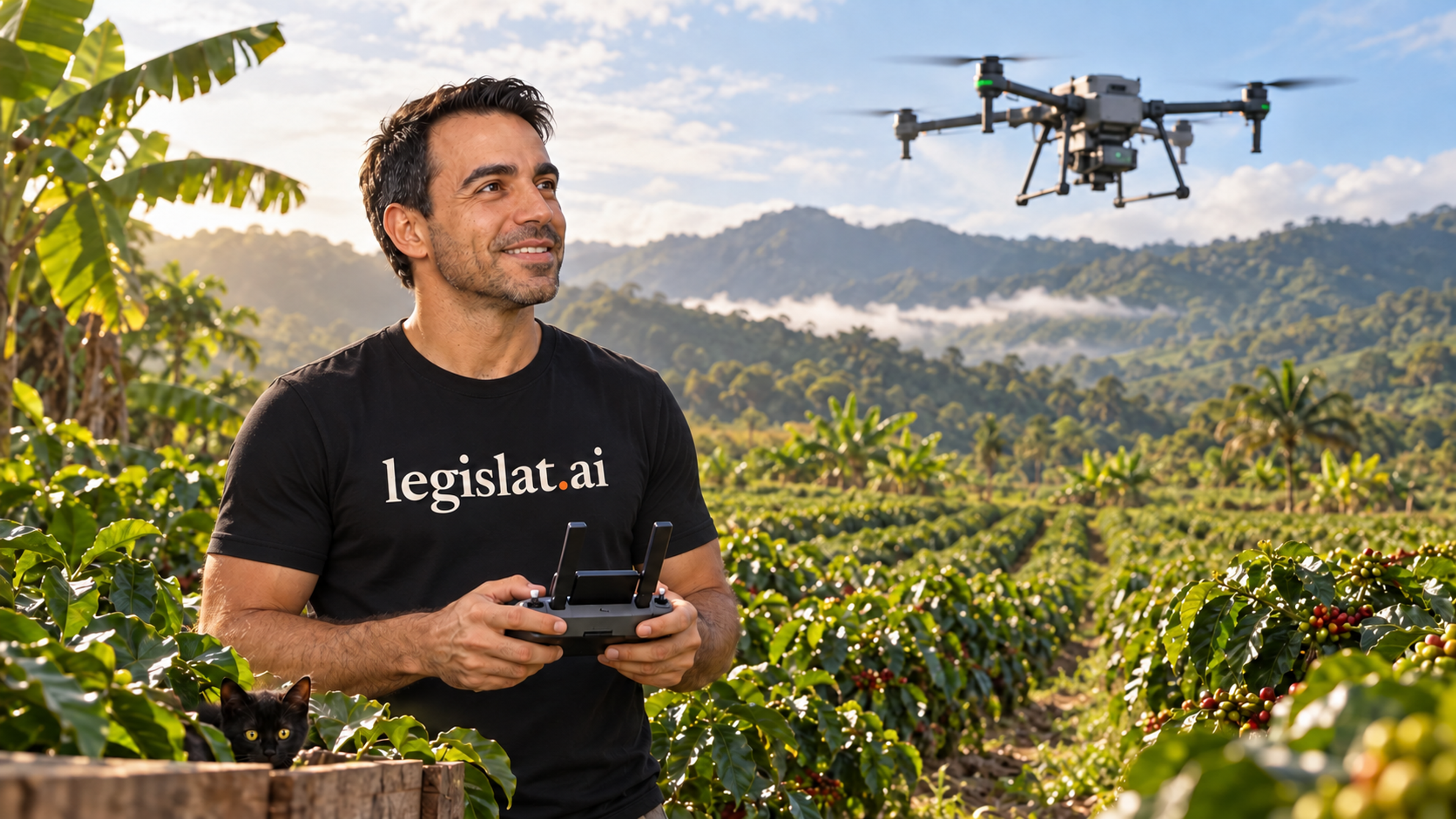 Ilustración generada con IA: Joao en una escena agropecuaria ficticia con un dron.