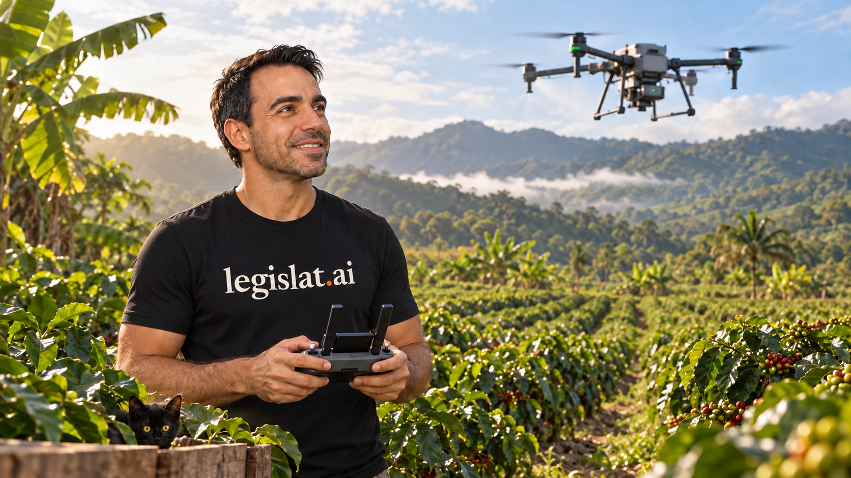 Ilustración generada con IA: Joao en una escena agropecuaria ficticia con un dron.