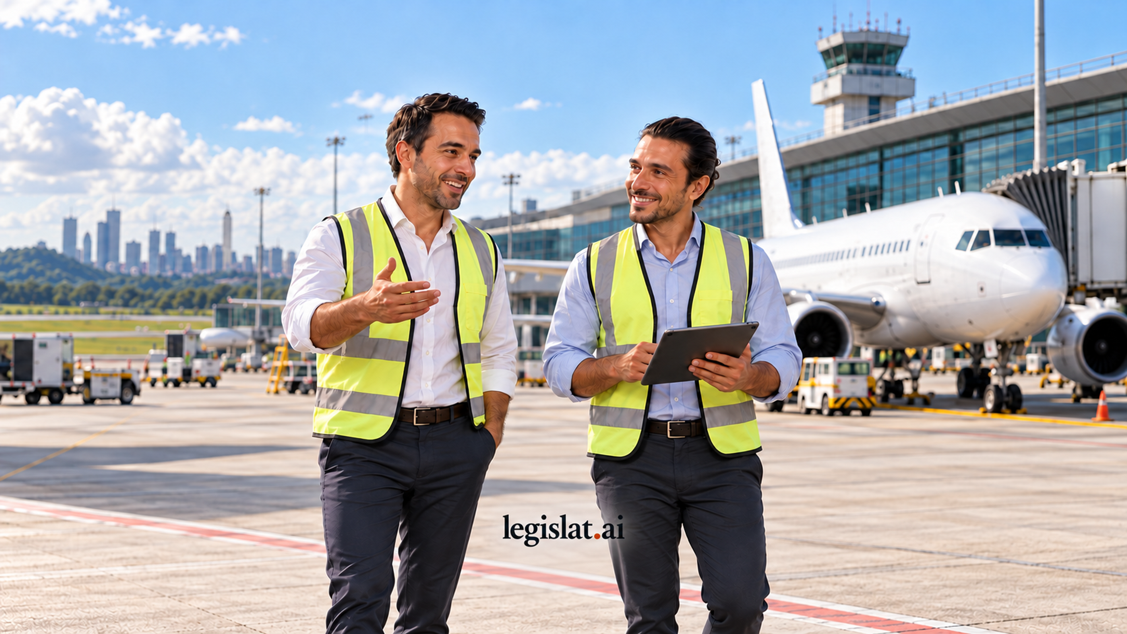 Imagen ilustrativa (IA): terminal aeroportuaria regional, con integrantes del equipo Legislat.