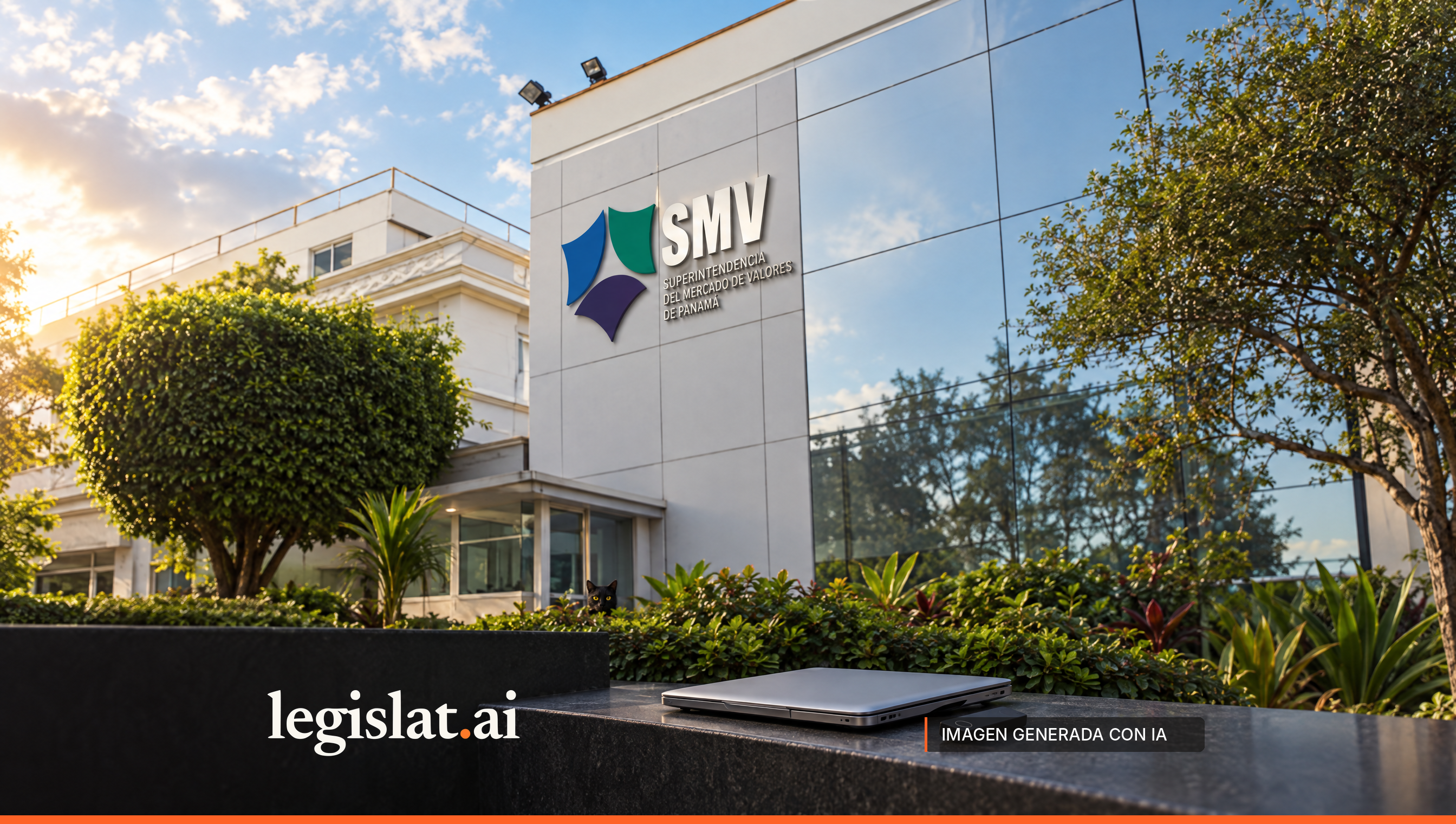 Sede de la Superintendencia del Mercado de Valores con su logo grande en la fachada; en primer plano, una laptop cerrada sobre un muro oscuro y un gato negro entre los arbustos.