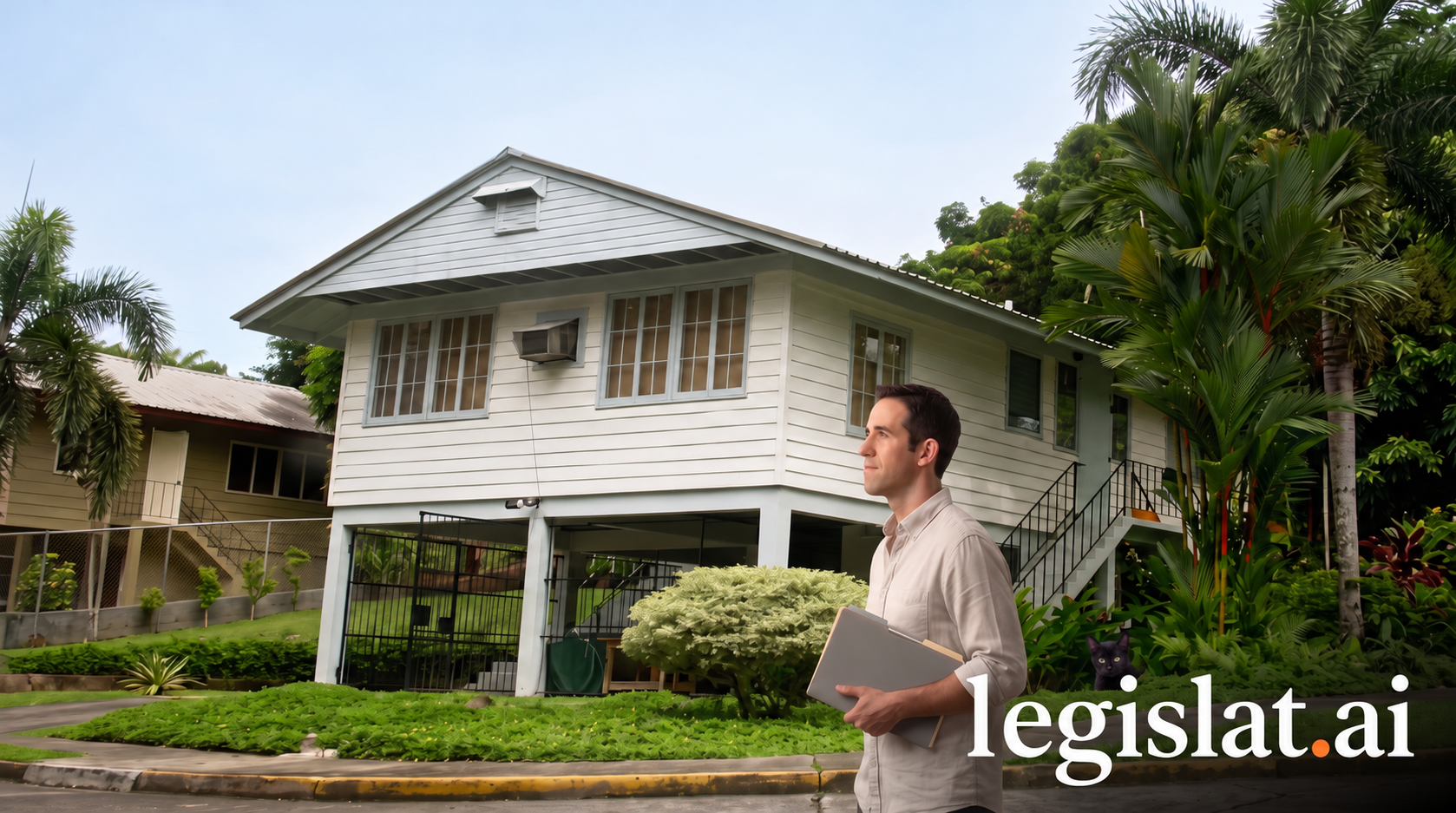 Ilustración editorial de una casa en un entorno tropical y un profesional que observa la arquitectura.