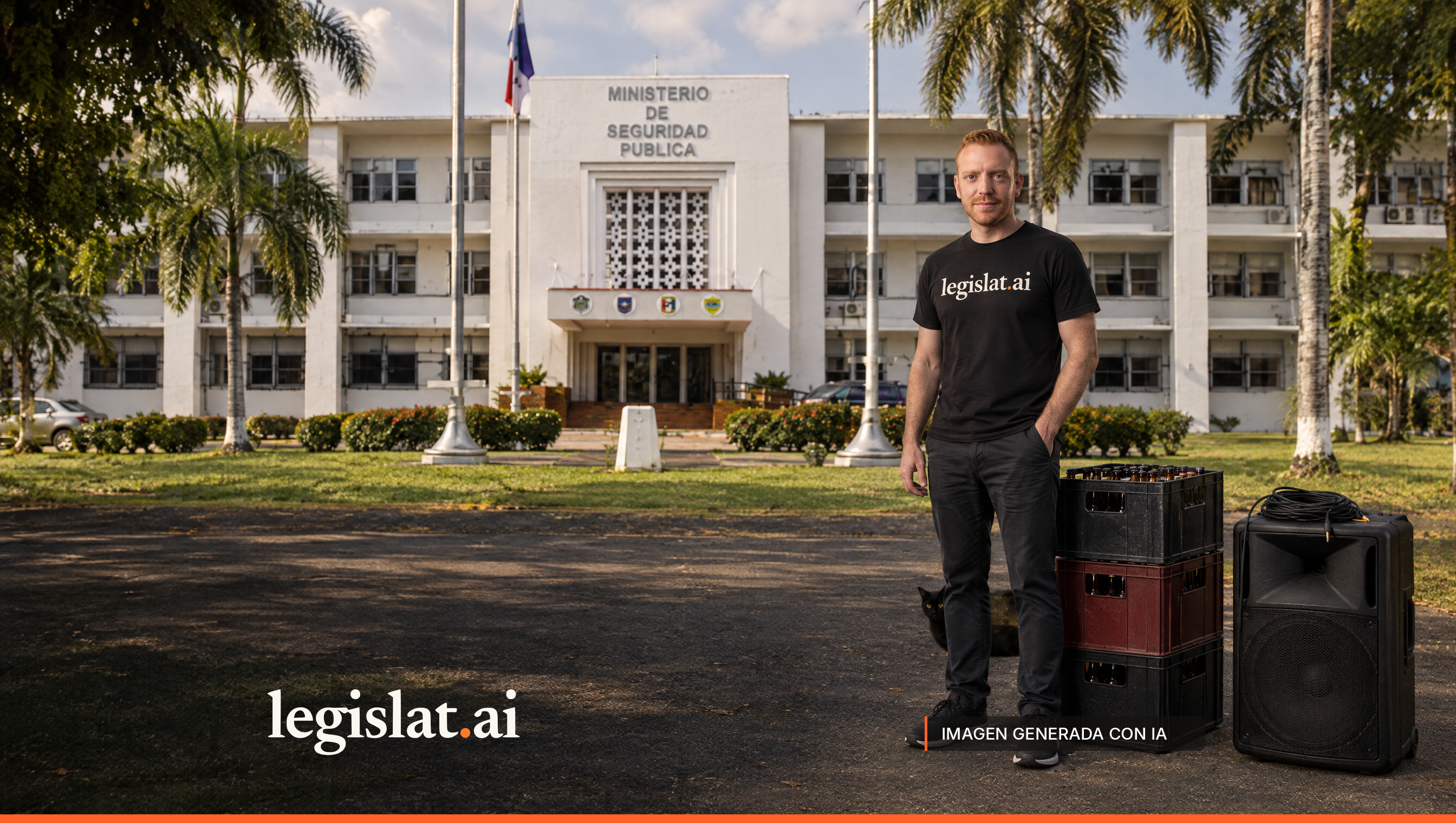 Una persona con camiseta negra de Legislat junto a cajas de bebidas y un parlante desconectado frente a la sede del Ministerio de Seguridad Pública.