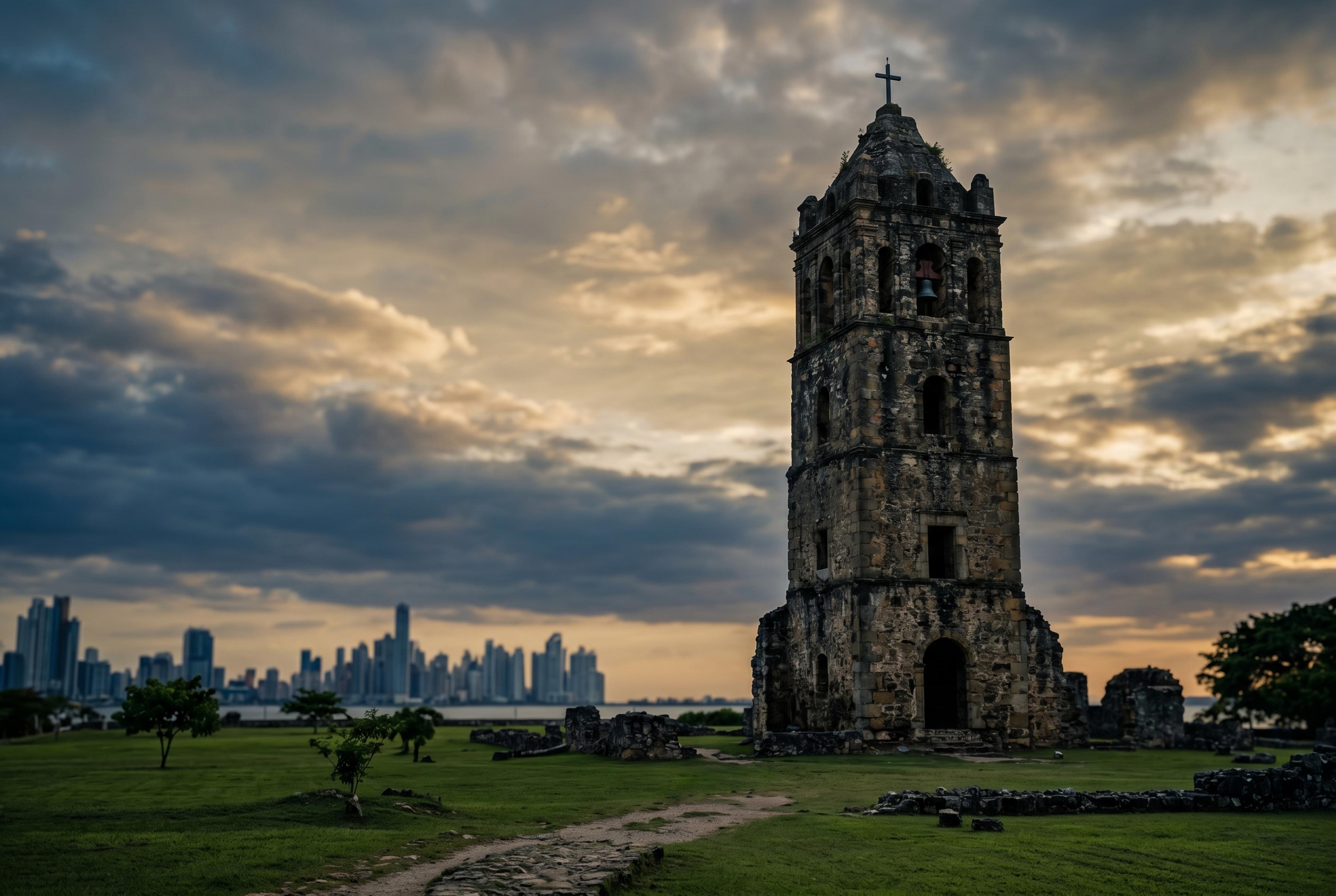 La torre de la catedral en las ruinas de Panama Viejo