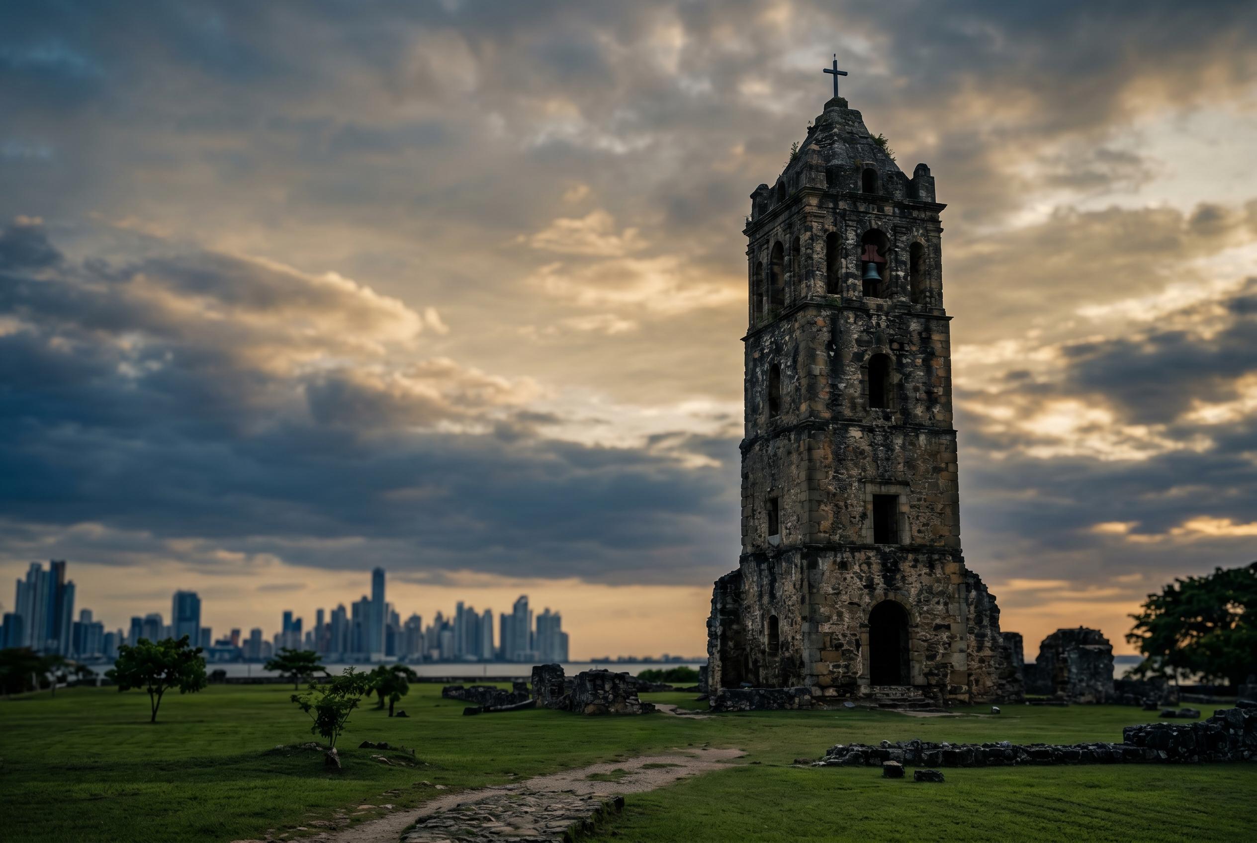 La torre de la catedral en las ruinas de Panama Viejo