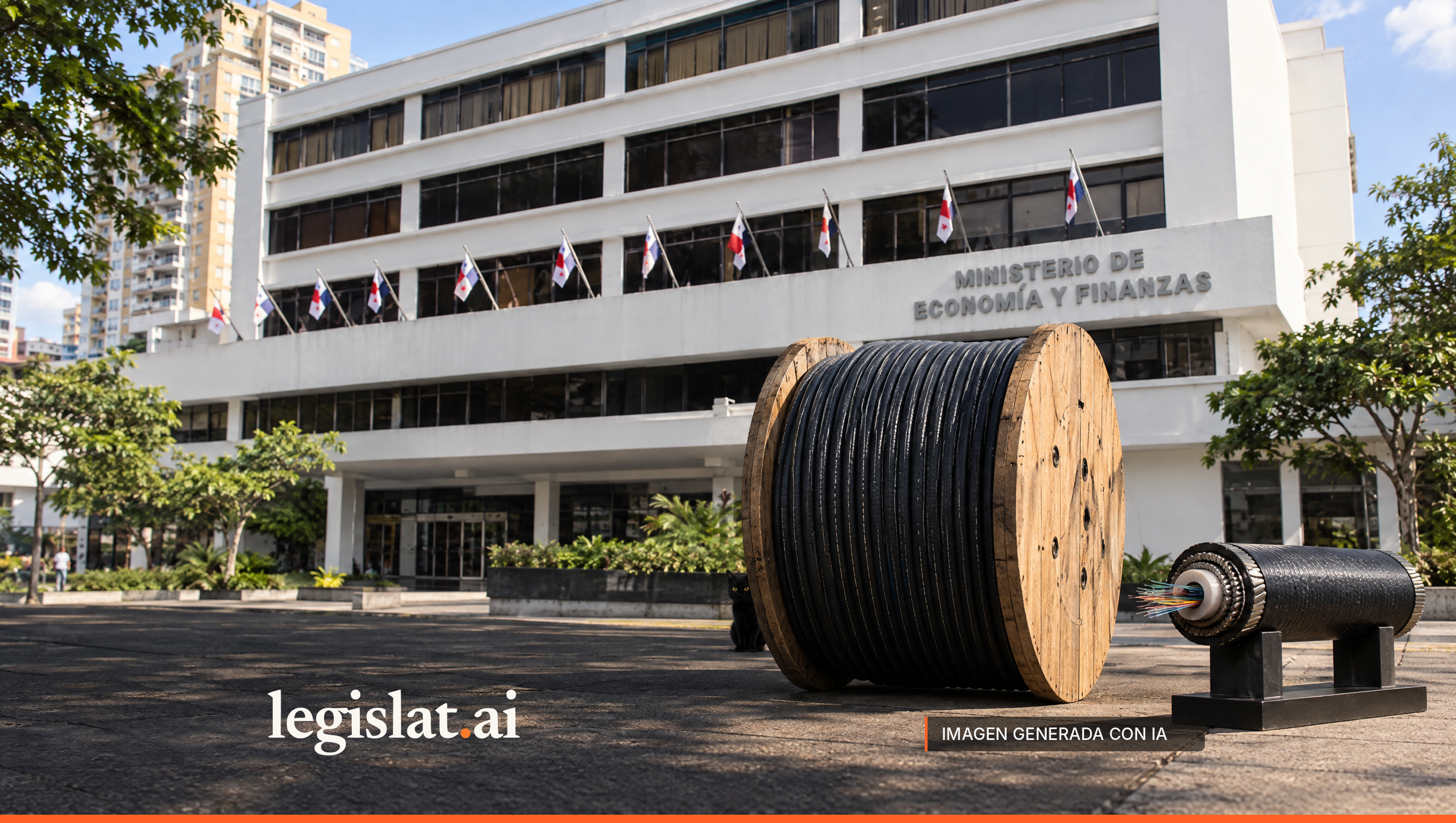 Un carrete de cable submarino de fibra óptica frente a la sede del Ministerio de Economía y Finanzas.