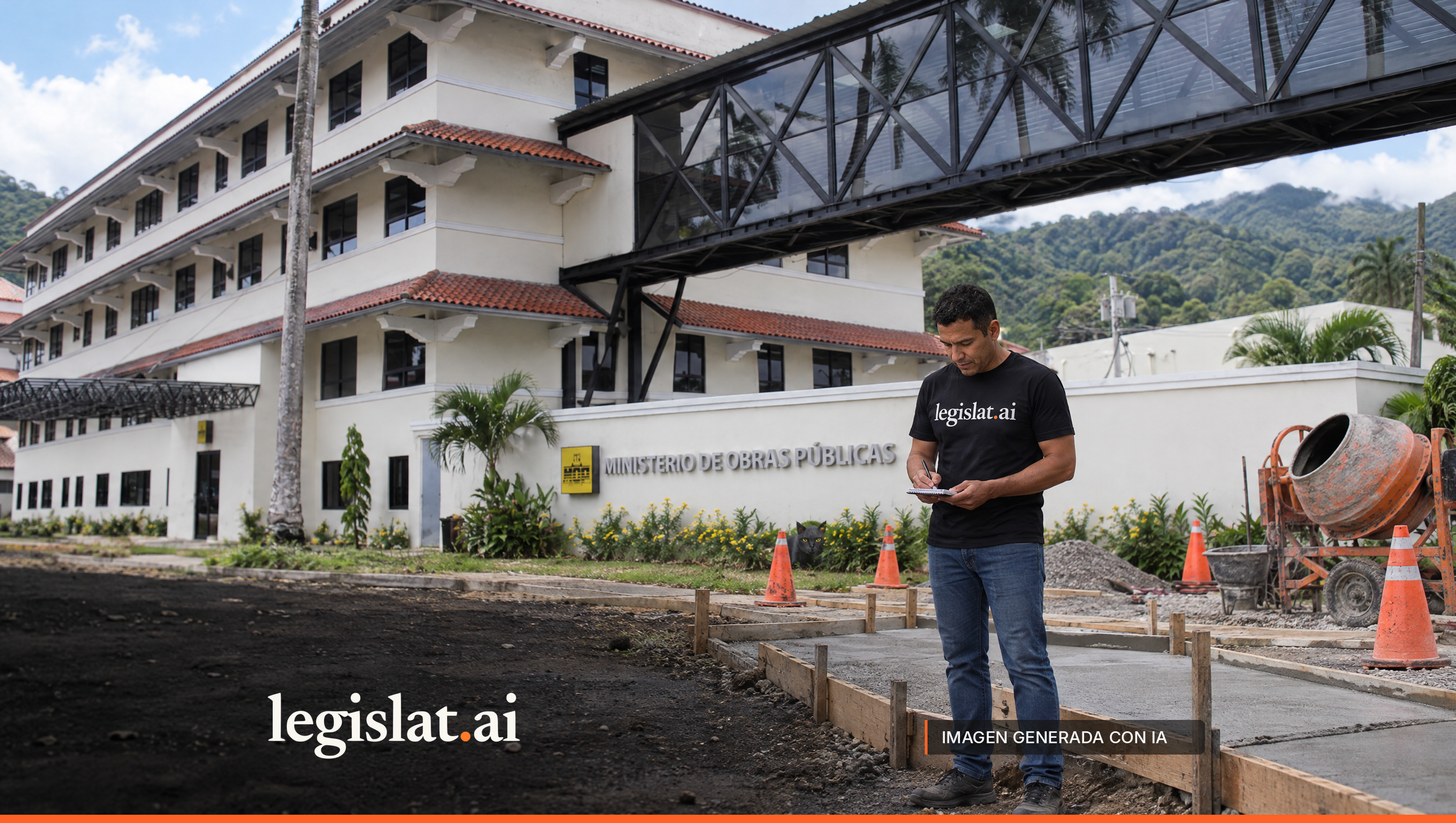 Una persona con camiseta negra de Legislat toma notas junto a formaletas de concreto y conos frente al Ministerio de Obras Públicas; un gato negro entre las flores.