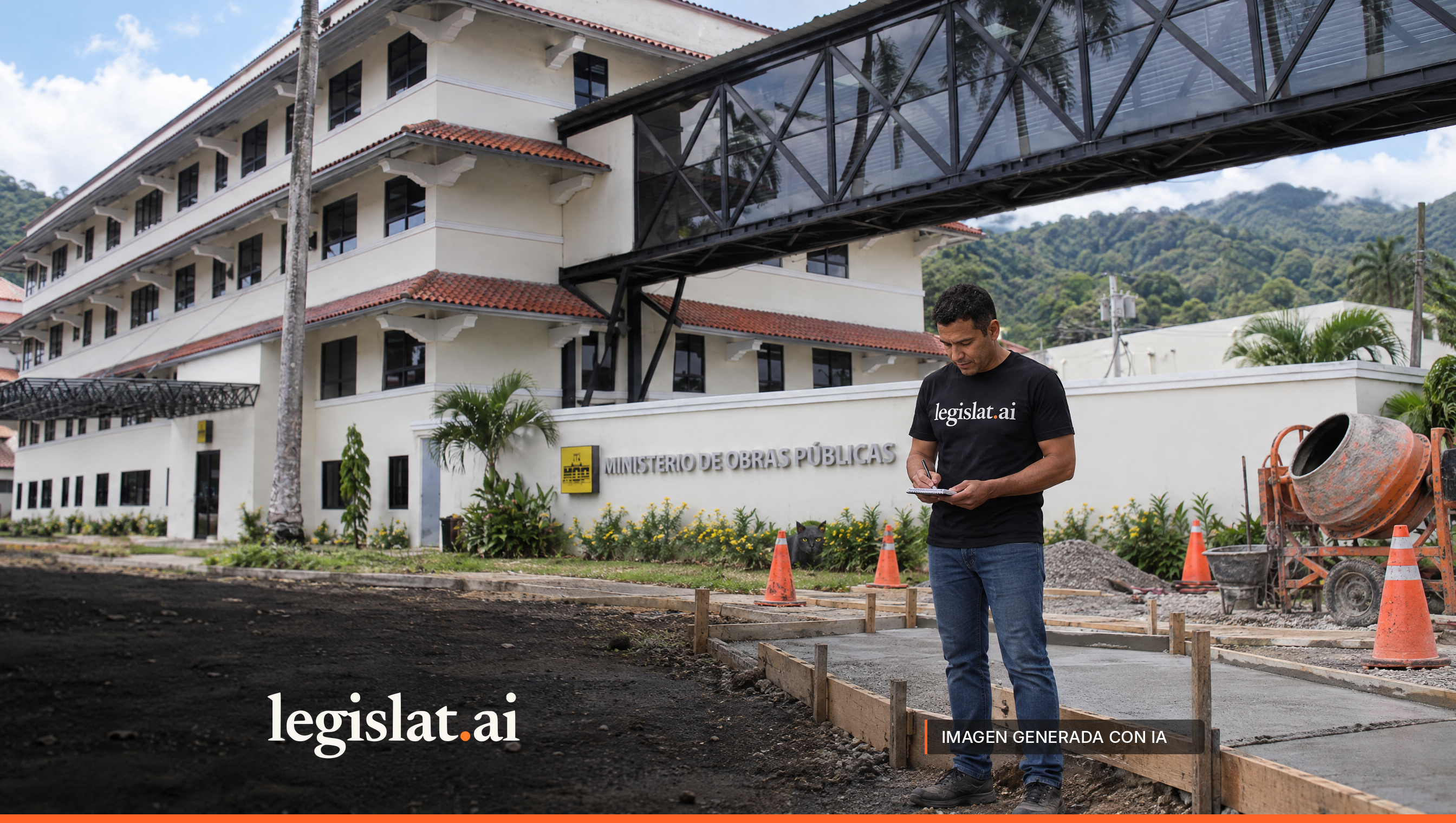 Una persona con camiseta negra de Legislat toma notas junto a formaletas de concreto y conos frente al Ministerio de Obras Públicas; un gato negro entre las flores.