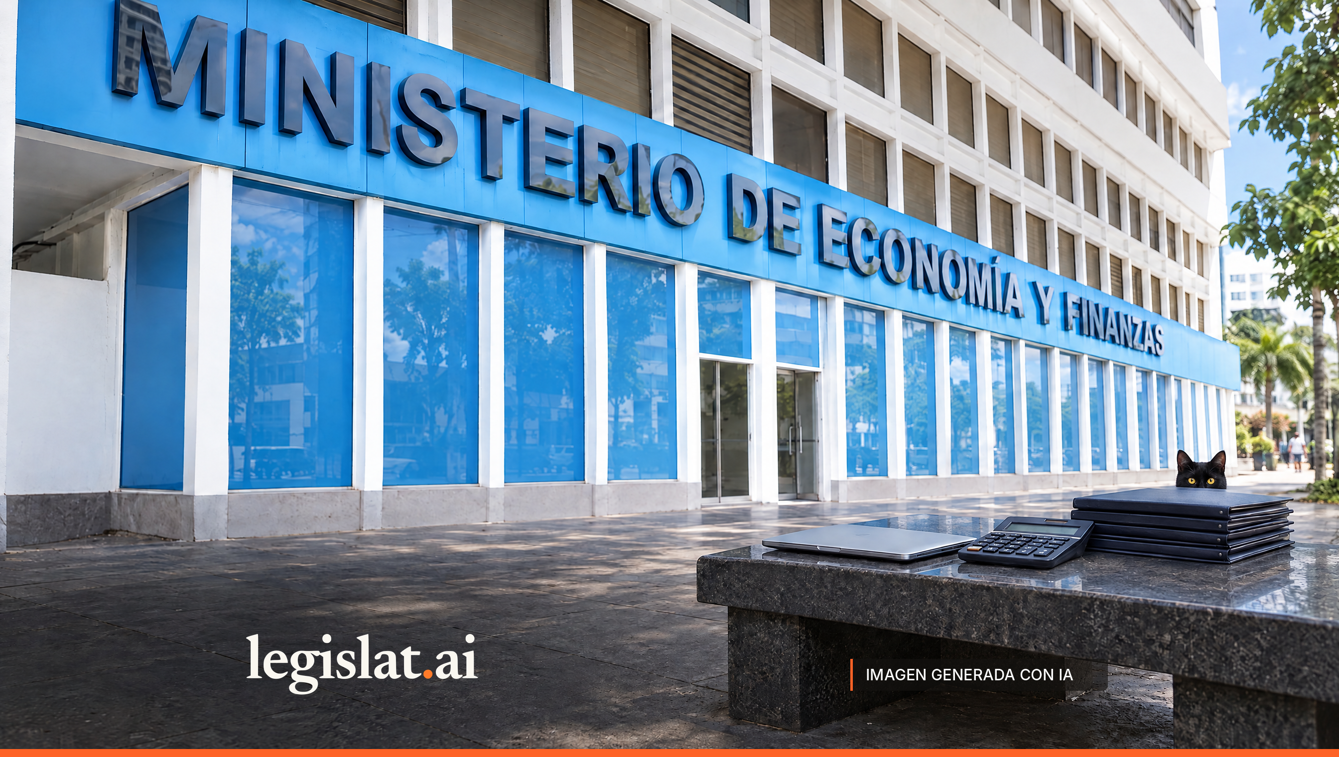 A laptop, a calculator and folders on a bench in front of the Ministry of Economy and Finance headquarters.