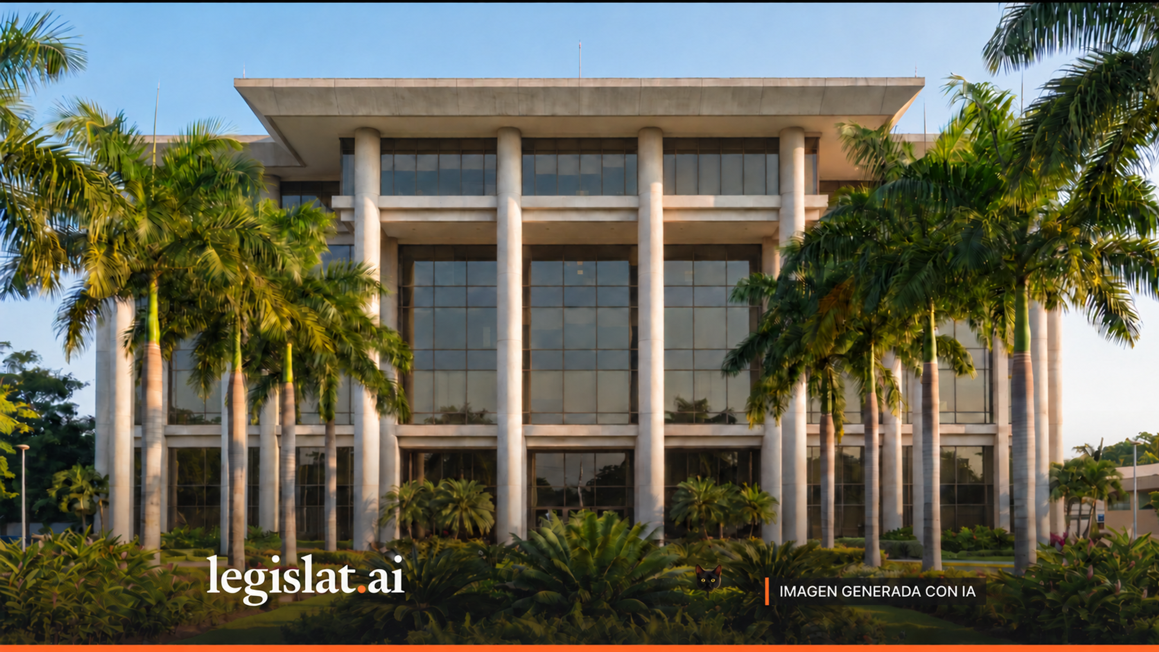 Edificio institucional rodeado de vegetación, imagen ilustrativa generada con IA.