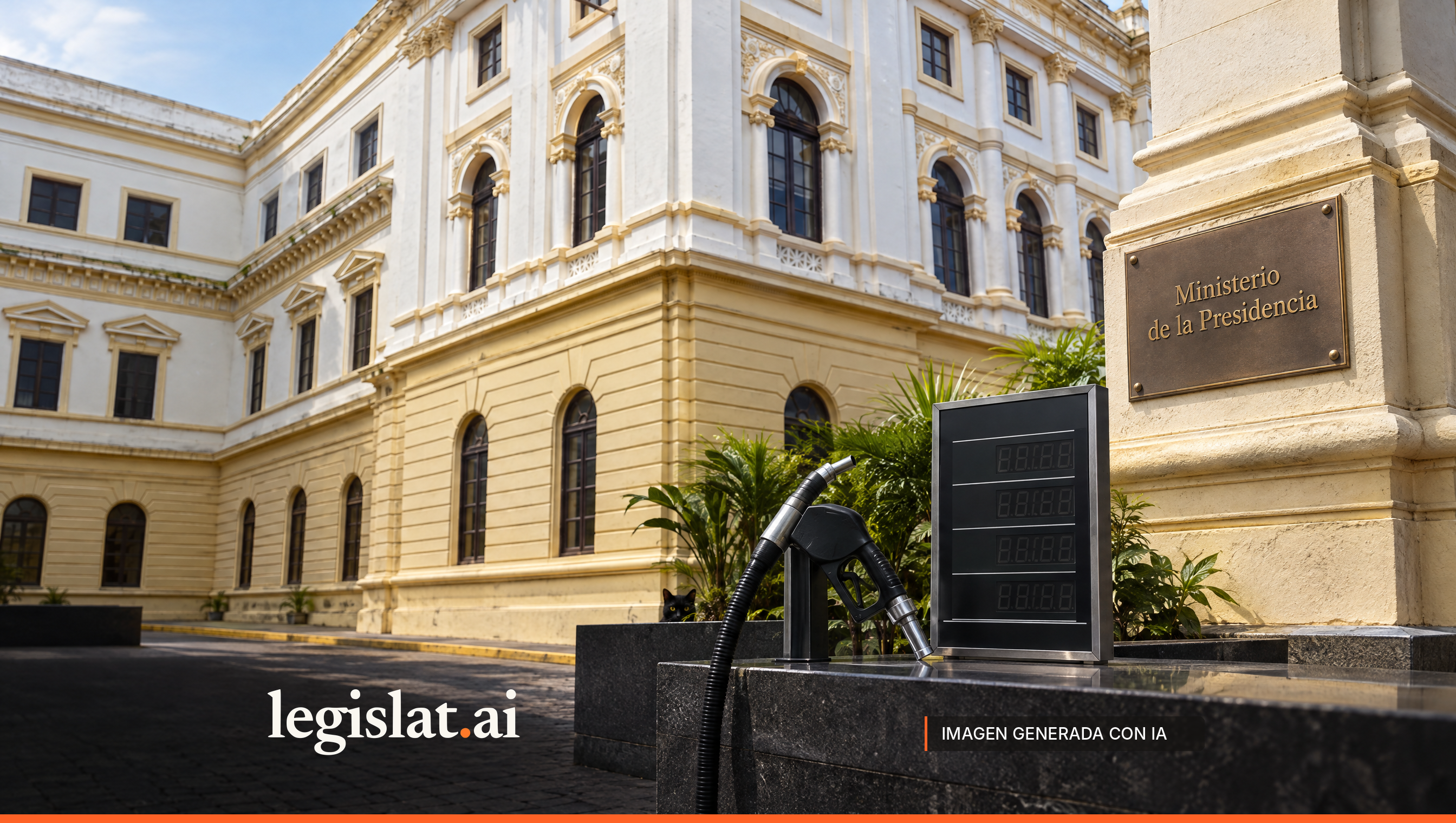 Una pistola de combustible y un tablero de precios sin cifras frente a la sede del Ministerio de la Presidencia.
