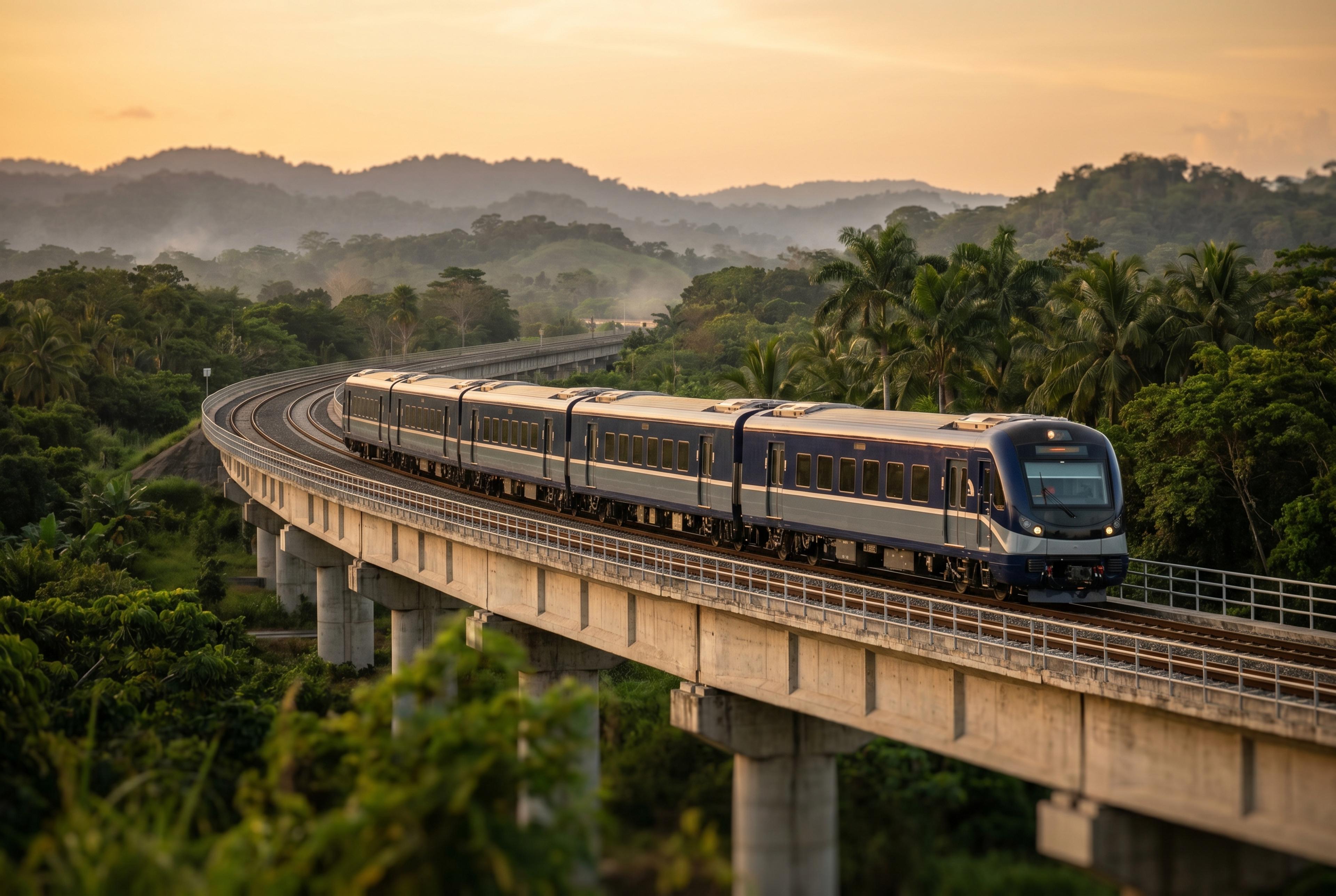 Tren de pasajeros sobre un viaducto en el campo panameno