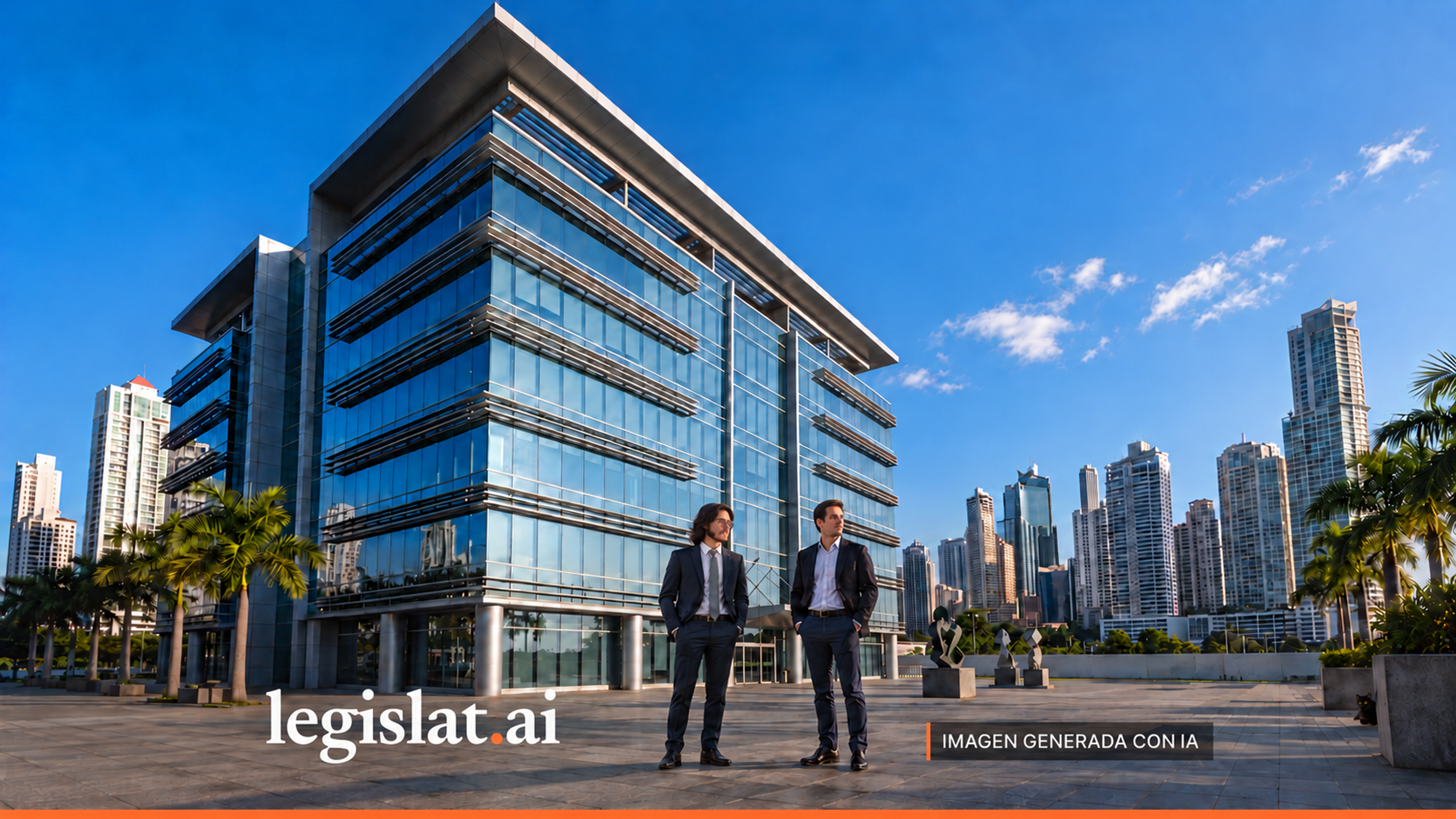 AI-generated illustrative scene of Marco and Rafael outside a financial building.