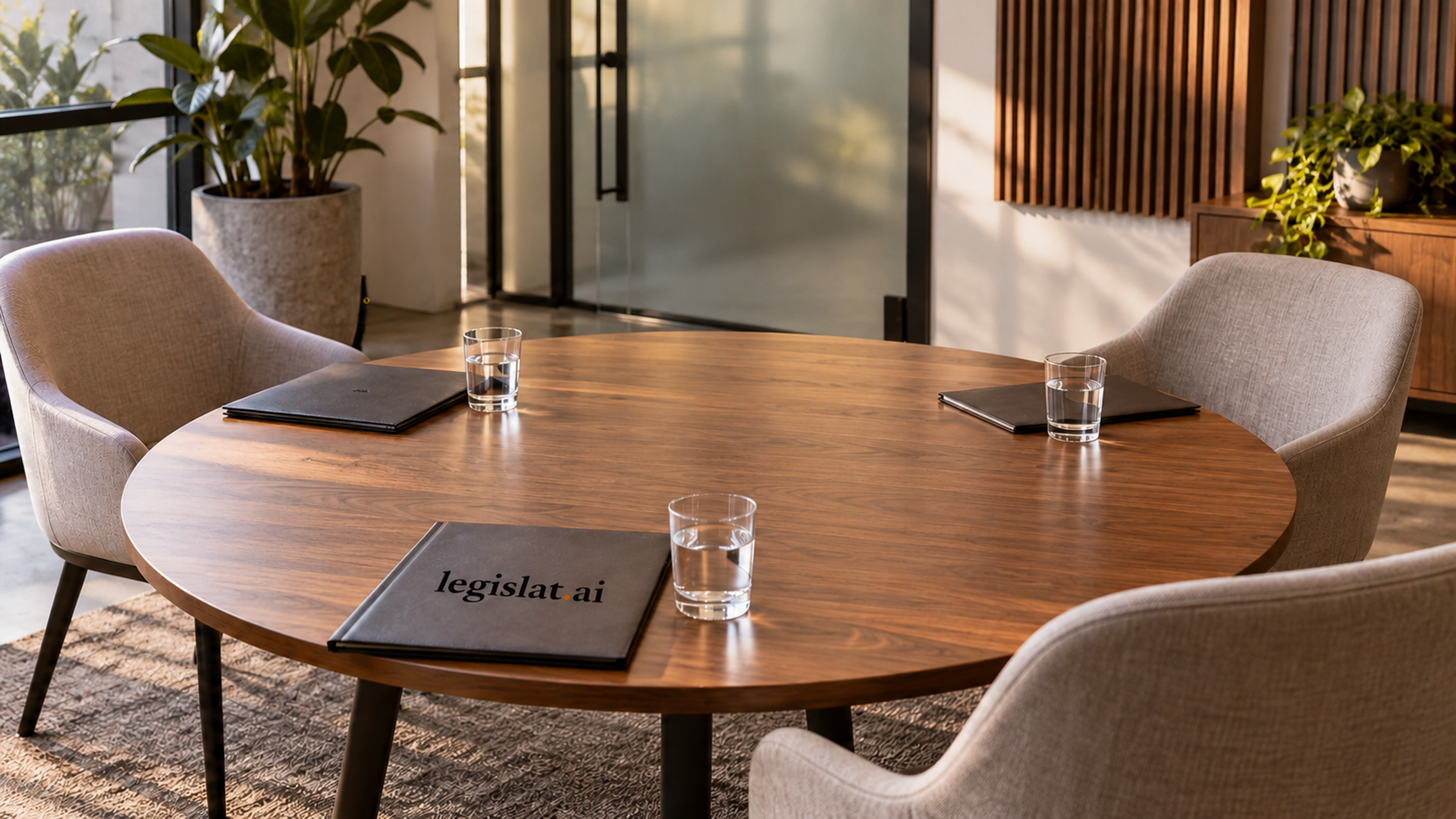 Sala de mediación vacía con mesa redonda, carpetas con el logo de Legislat y un gato negro casi oculto.
