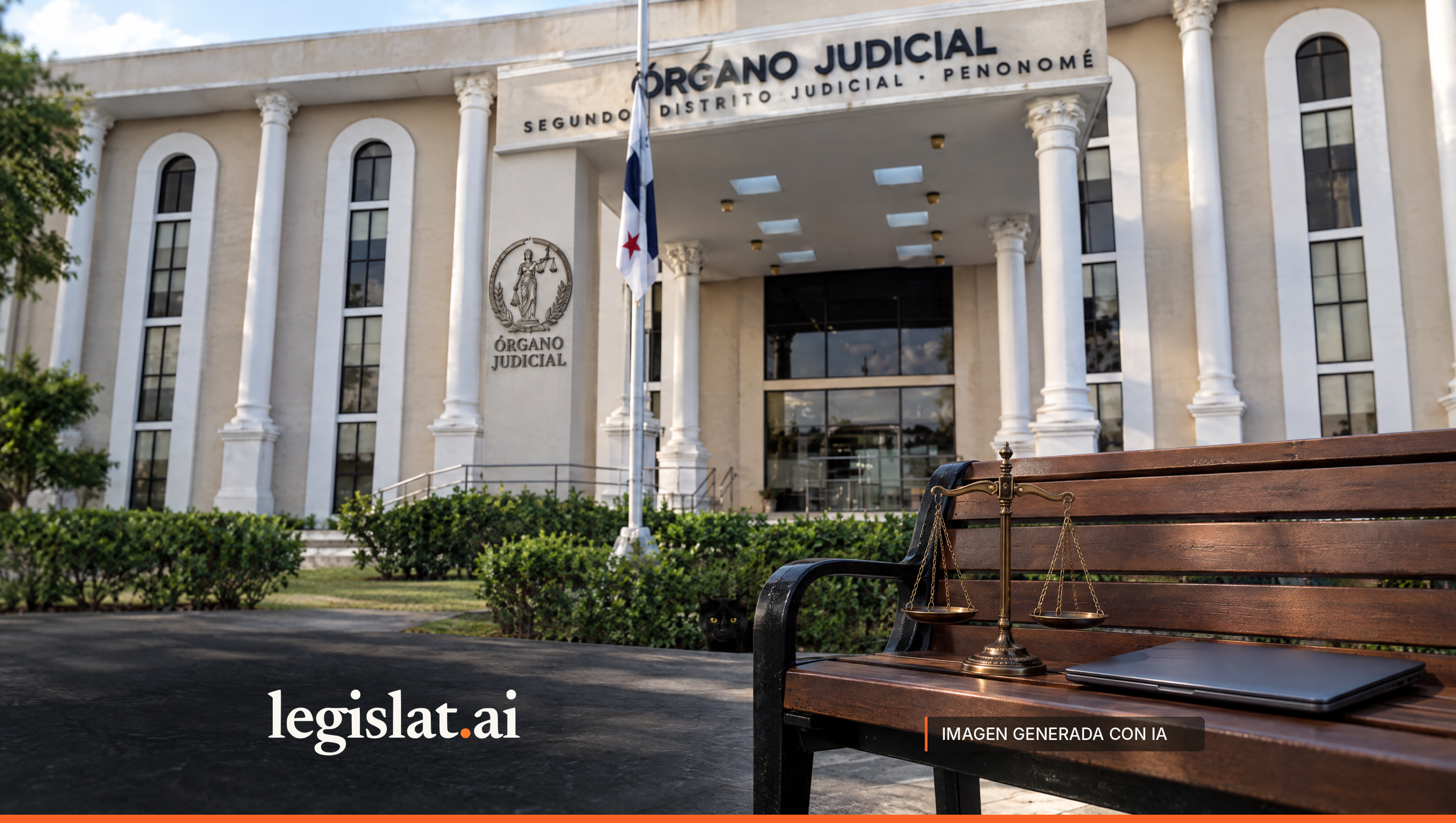 A balance scale and a laptop on a bench outside a Judiciary building.