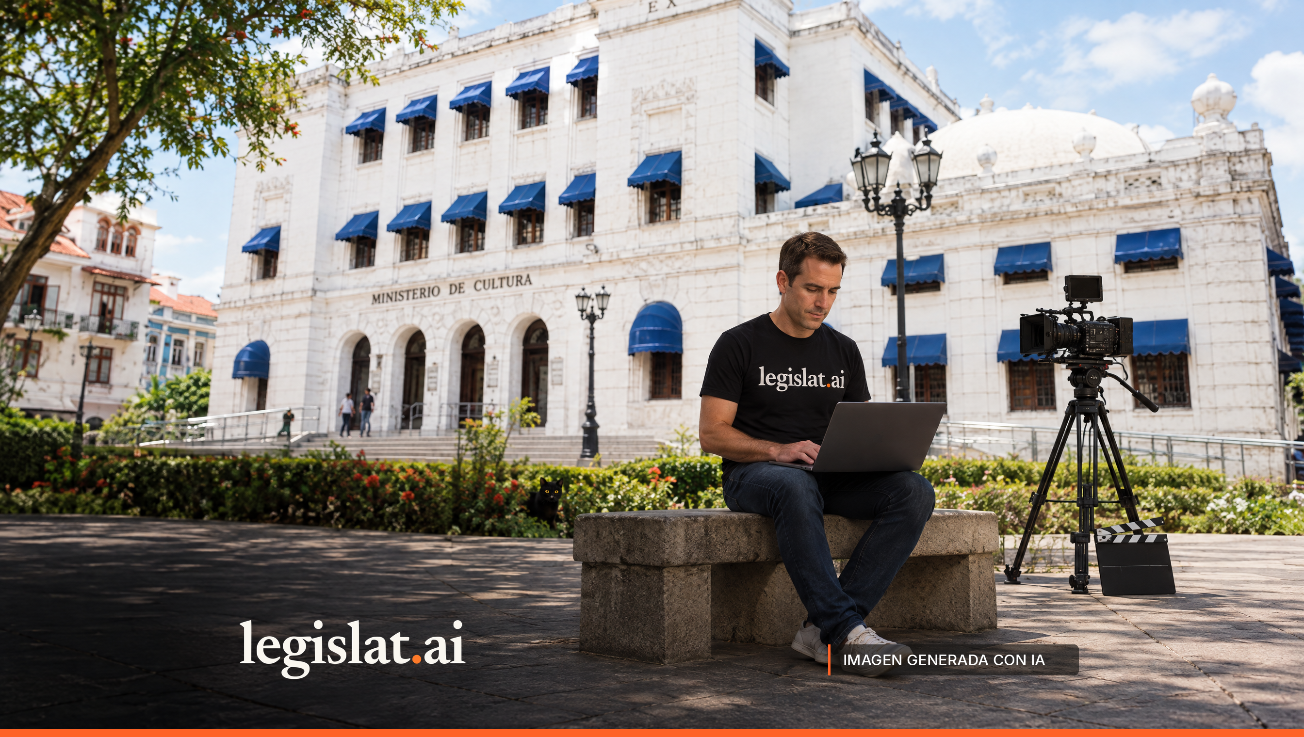 Una persona con camiseta negra de Legislat trabaja en una laptop sentada en un banco de piedra frente al Ministerio de Cultura, junto a una cámara de cine en trípode; un gato negro asoma entre los arbustos.