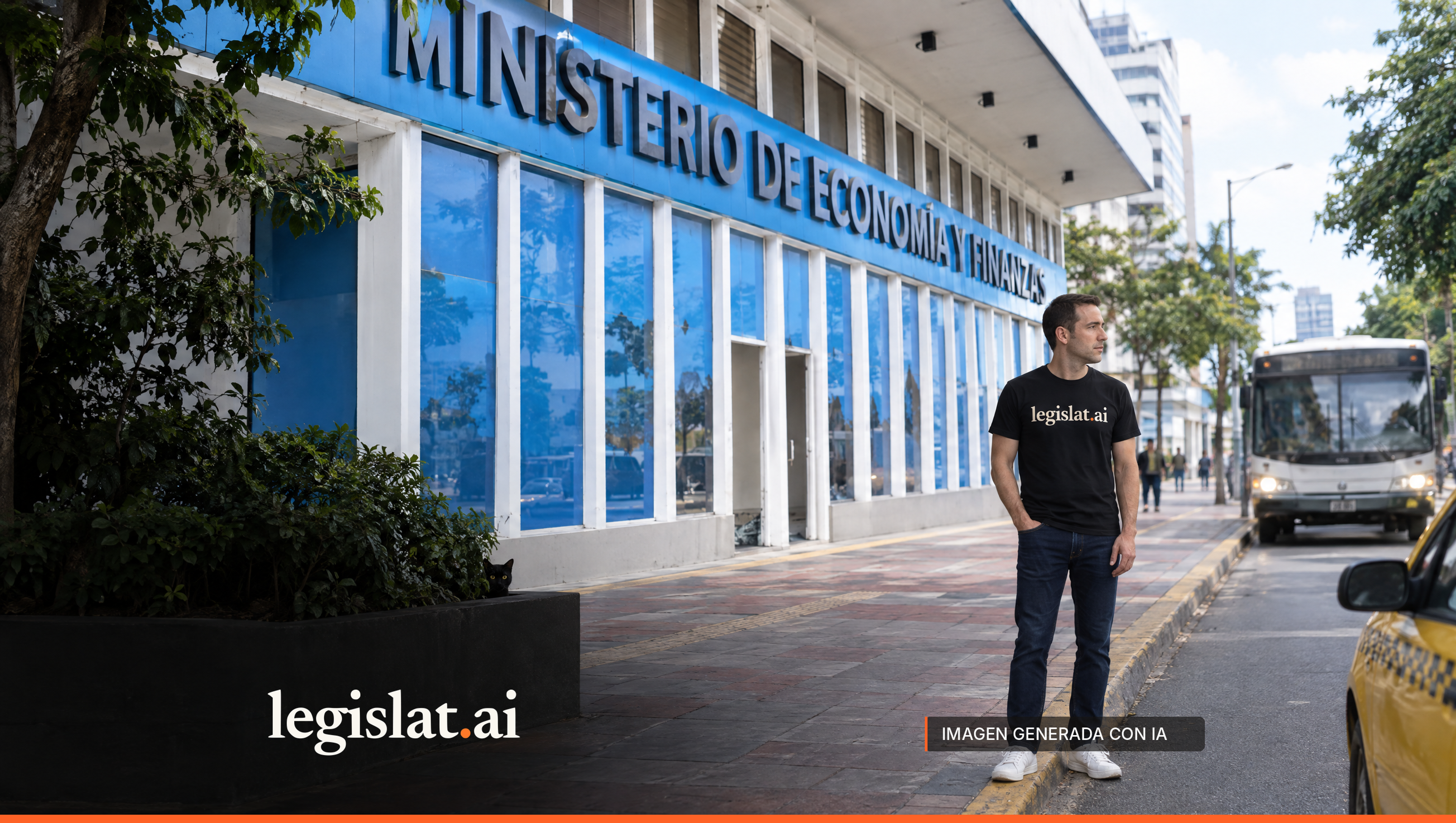 Una persona con camiseta negra de Legislat espera en la acera frente a la sede del Ministerio de Economía y Finanzas mientras se acerca un bus; un gato negro asoma junto a una jardinera.