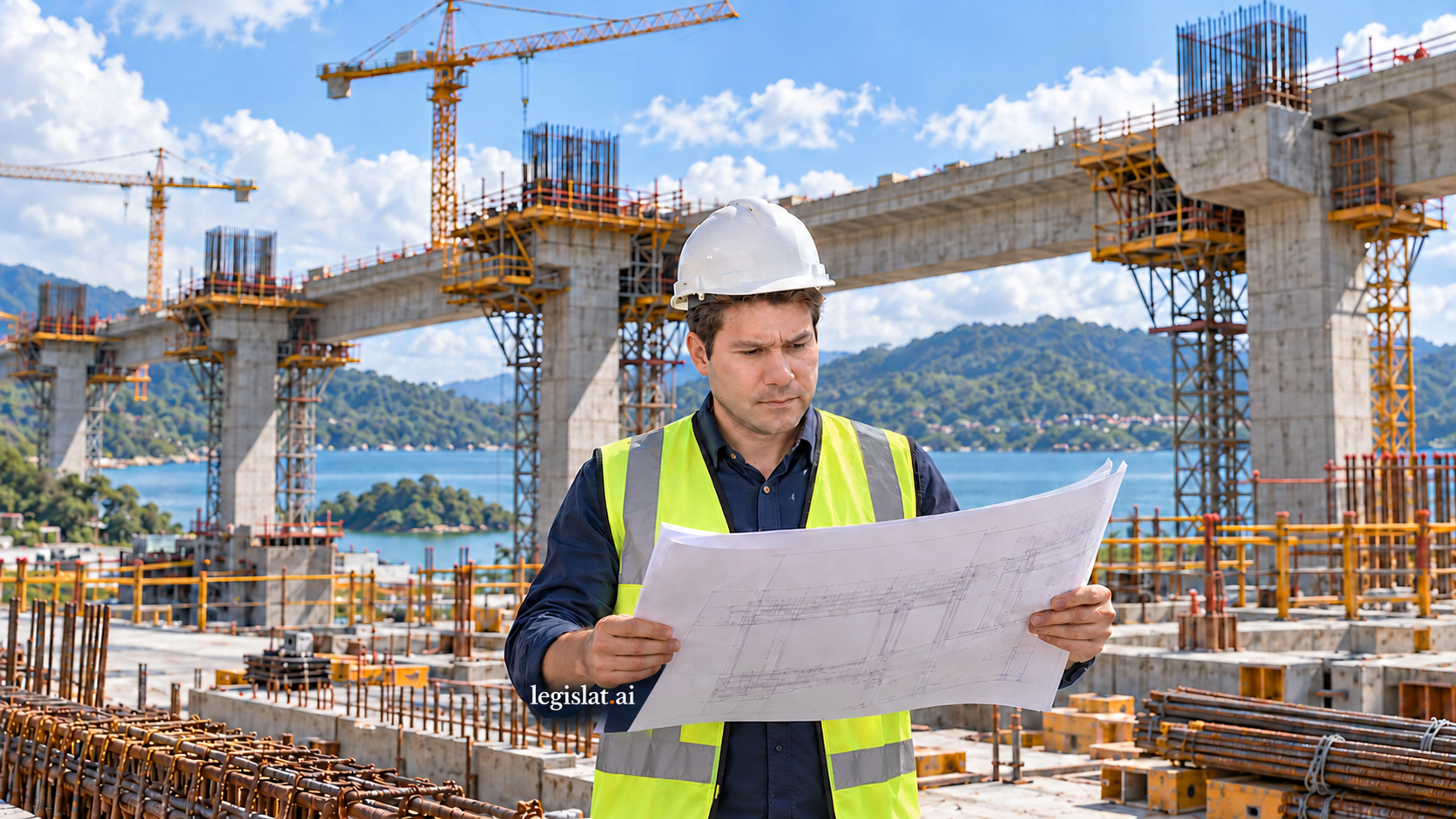 Escena ilustrativa generada con IA de una obra de infraestructura pública en Panamá, con un integrante del equipo de Legislat.