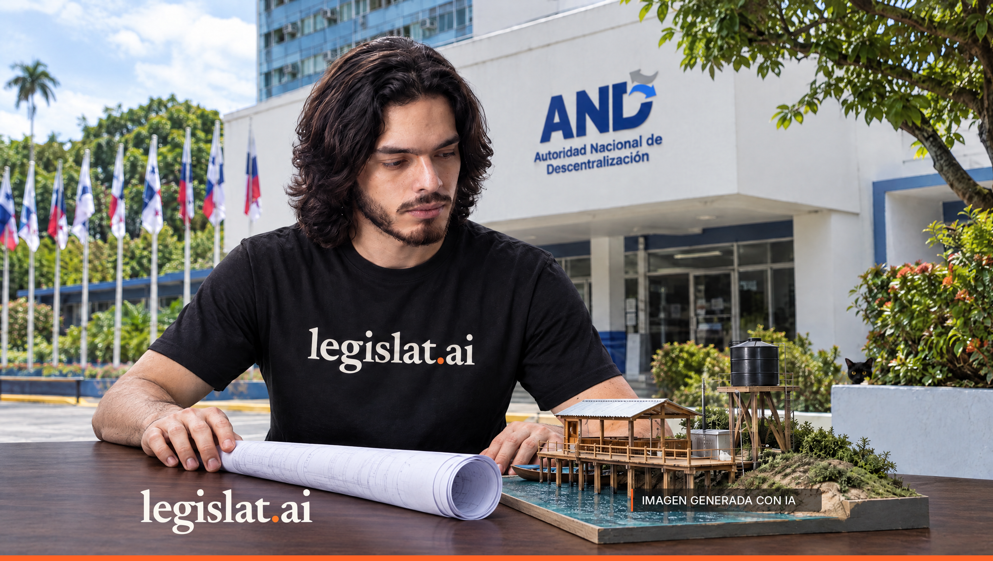 A person in a black Legislat T-shirt reviews a scale model of a community dock and rolled plans outside an institutional headquarters.