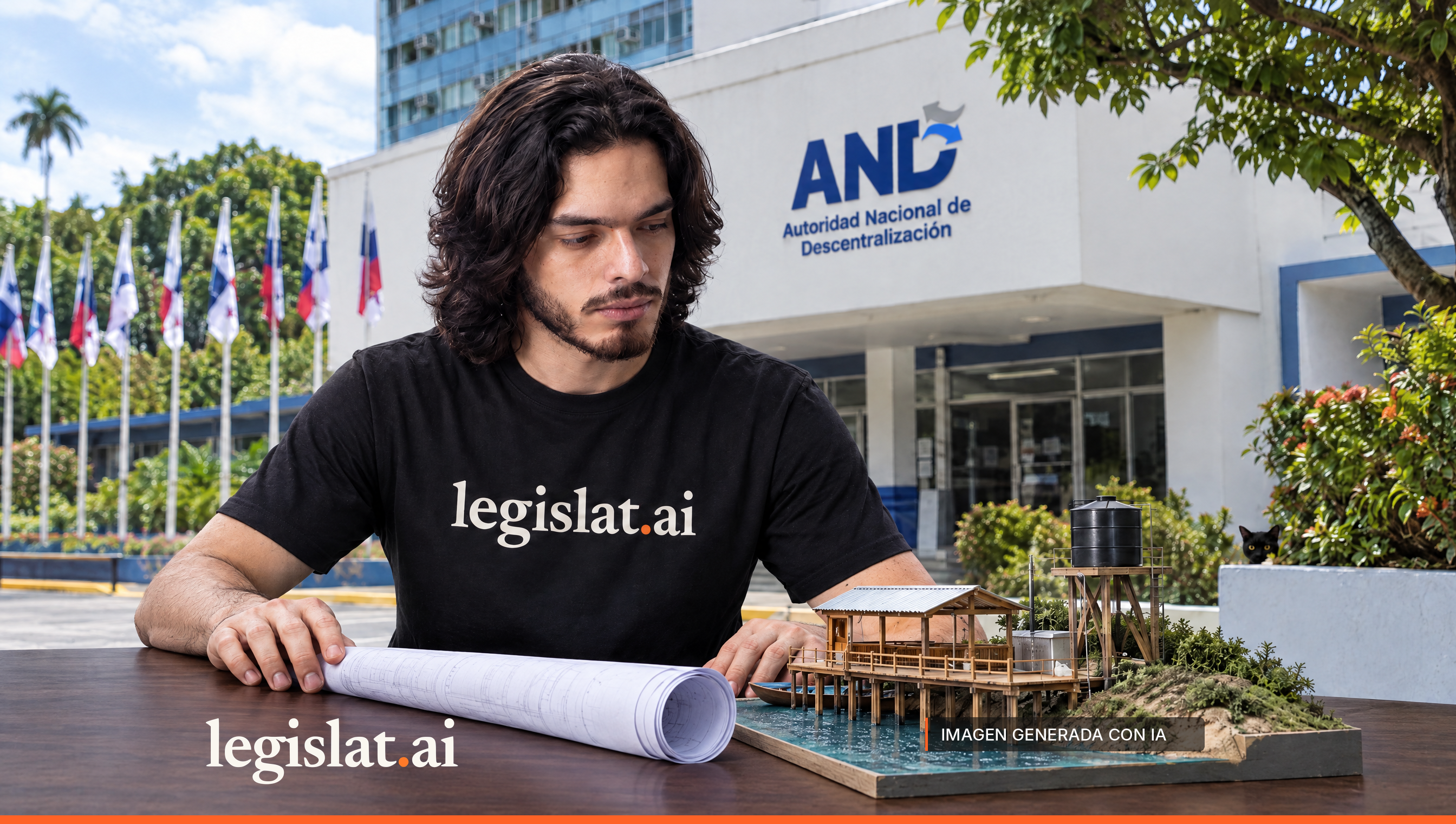 A person in a black Legislat T-shirt reviews a scale model of a community dock and rolled plans outside an institutional headquarters.