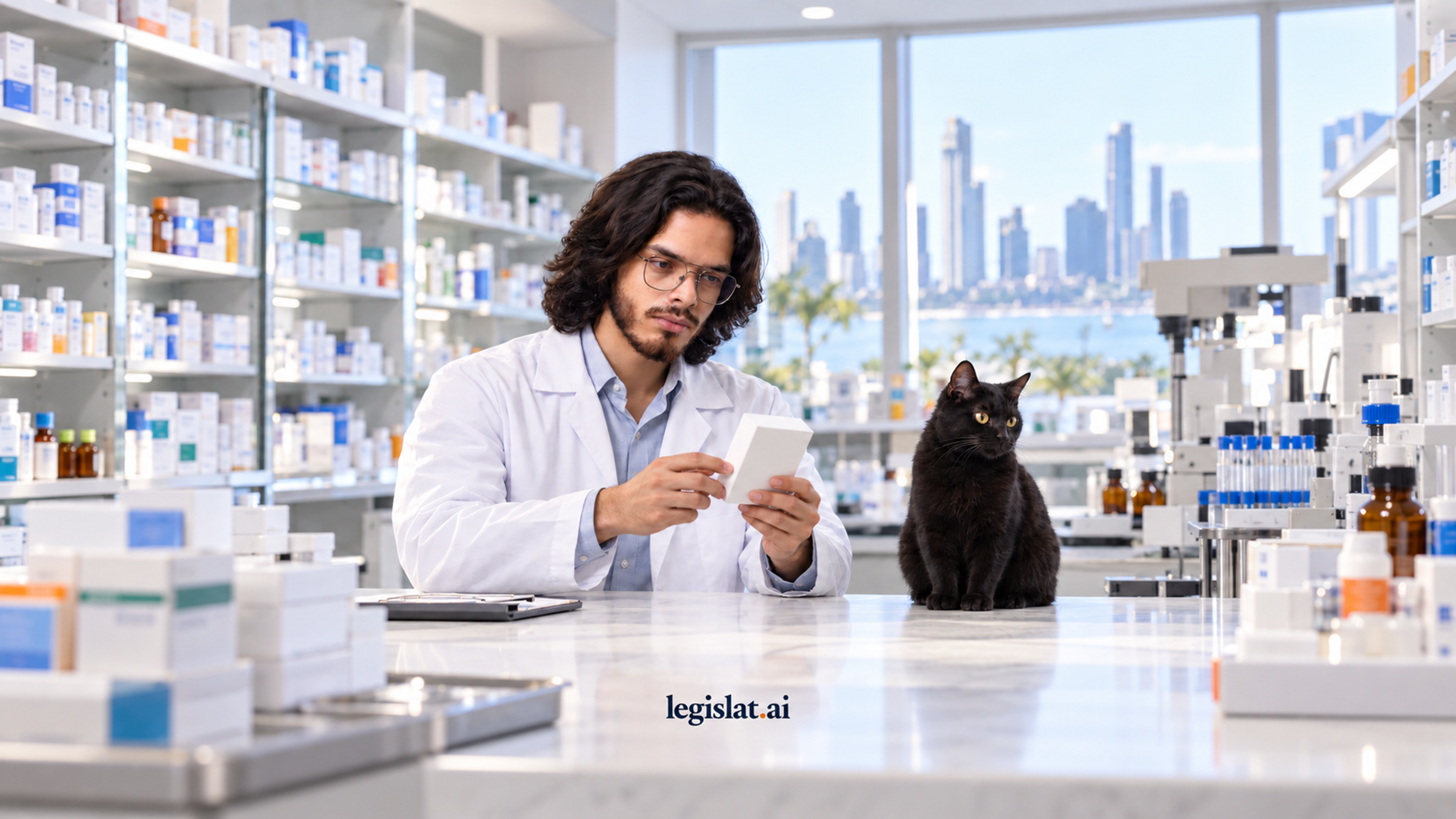 AI-generated editorial illustration: a Legislat team member, in a white lab coat, in a hospital pharmacy, accompanied by a cat.