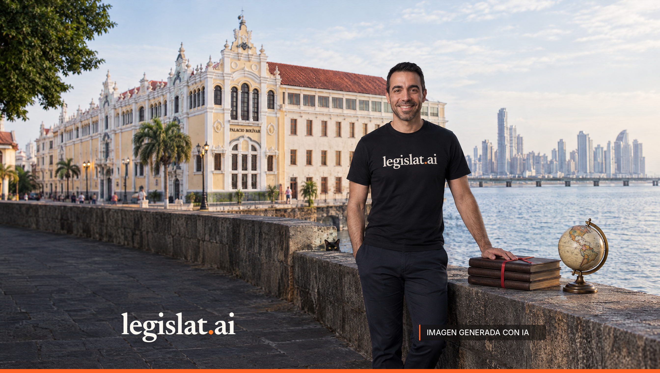 A person in a black Legislat T-shirt next to case files and a globe on the promenade by the Palacio Bolívar.
