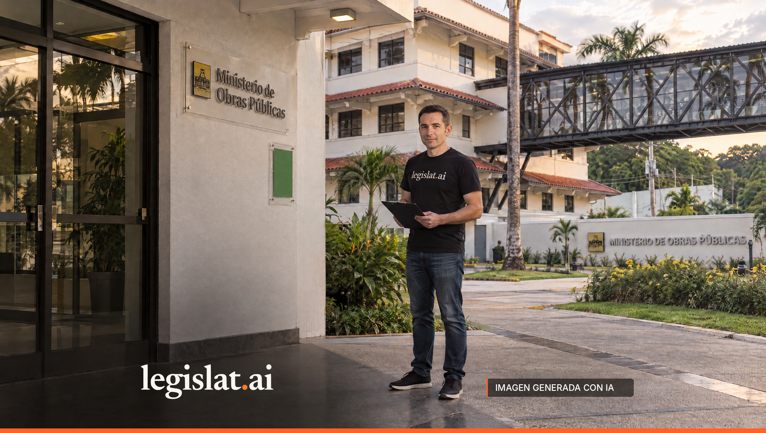 Una persona con camiseta negra de Legislat sostiene una tablilla junto a la entrada de la sede del Ministerio de Obras Públicas, donde hay una placa de inspección.